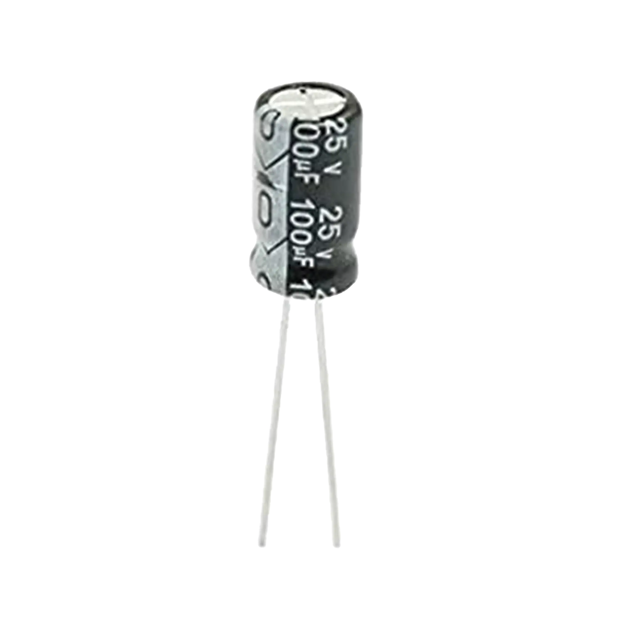 Capacitor Electrolítico de Aluminio, Radial de 100 µFd, 25 Vcc, 105 °C, 6.3 x 11 mm.