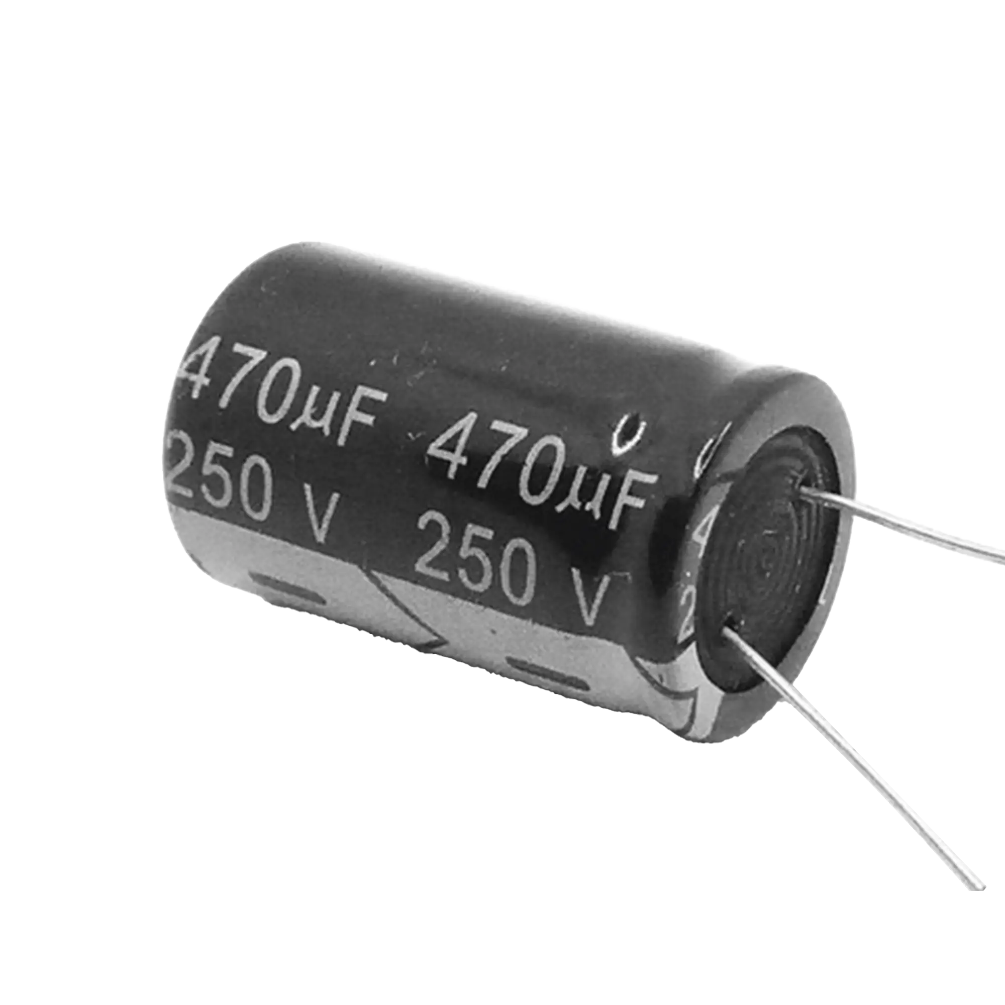 Capacitor Electrolítico de Aluminio, Radial de 470 µFd, 250 Vcc, 105 °C, 25 x 40 mm.