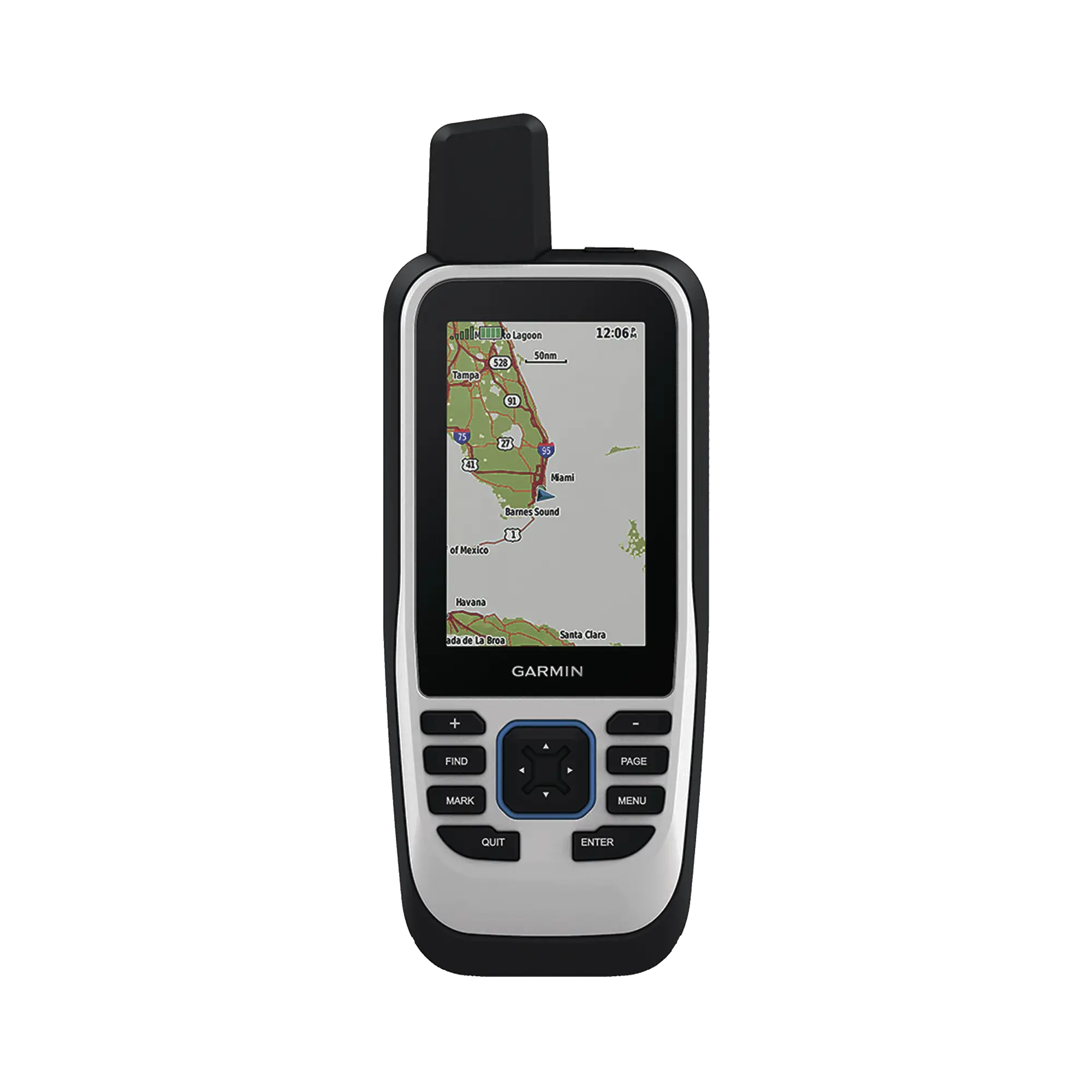 GPS portátil GPSMAP 86s con mapa base precargado, incluye batería interna recargable.