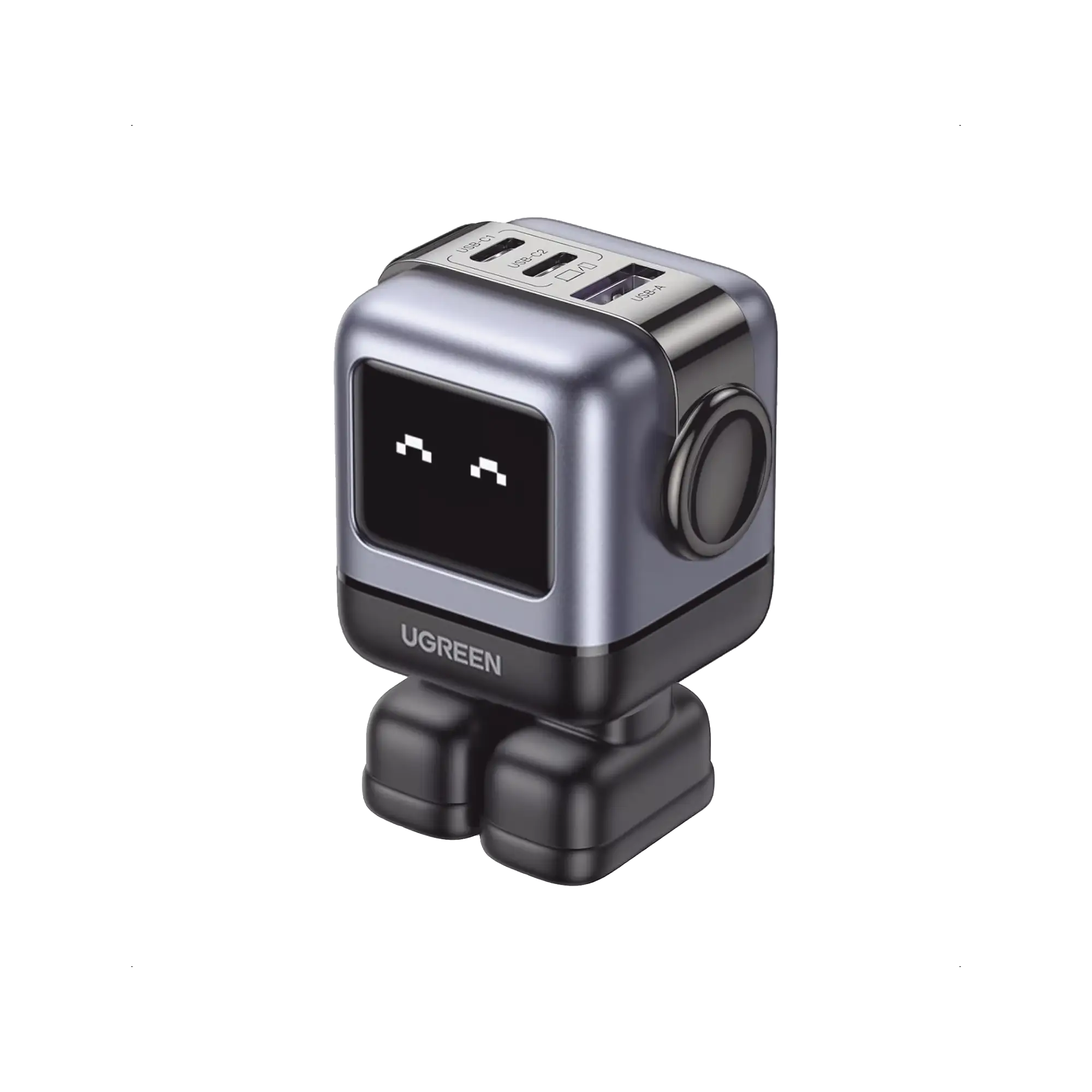 Cargador RobotGaN de 65W Serie UNO | 3 Puertos de Carga Rápida | 2 USB-C | 1 USB-A | PD 3.0 | QC 4.0 | Carga Inteligente | Tecnología GaN II | Zapato Magnético Extraíble | Carcasa Ignifuga | Pantalla LED