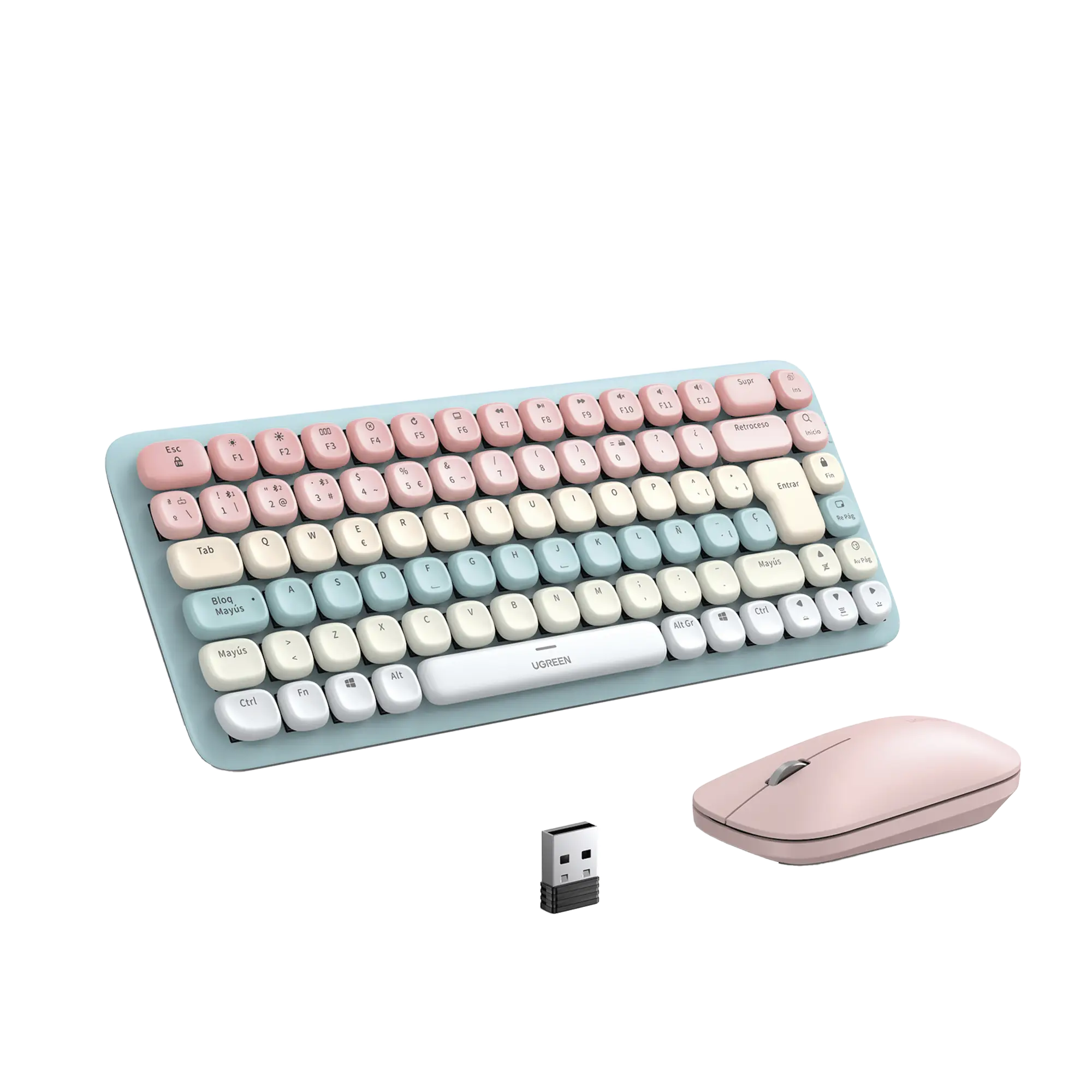 Paquete de Teclado y Mouse | 85 teclas en Español | Bluetooth y 2.4GHz | Mouse Ambidiestro | Sensor de DPI ajustable | Efectos de Iluminación del Teclado | Amplia compatibilidad | Color Rosa.