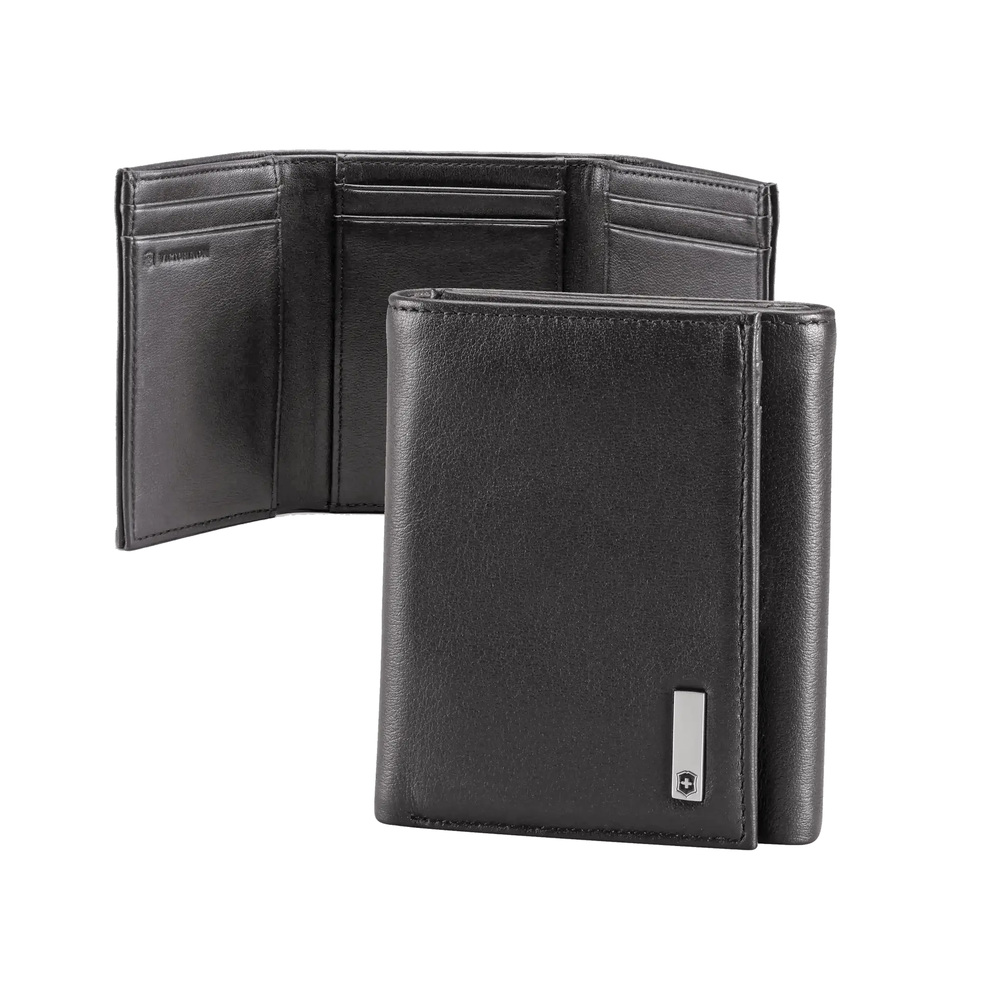Cartera Athens Negra de Piel con Compartimento de Micromalla para ID. Doblable en 3 Partes con Divisor de Billetes. Pocket Wallet