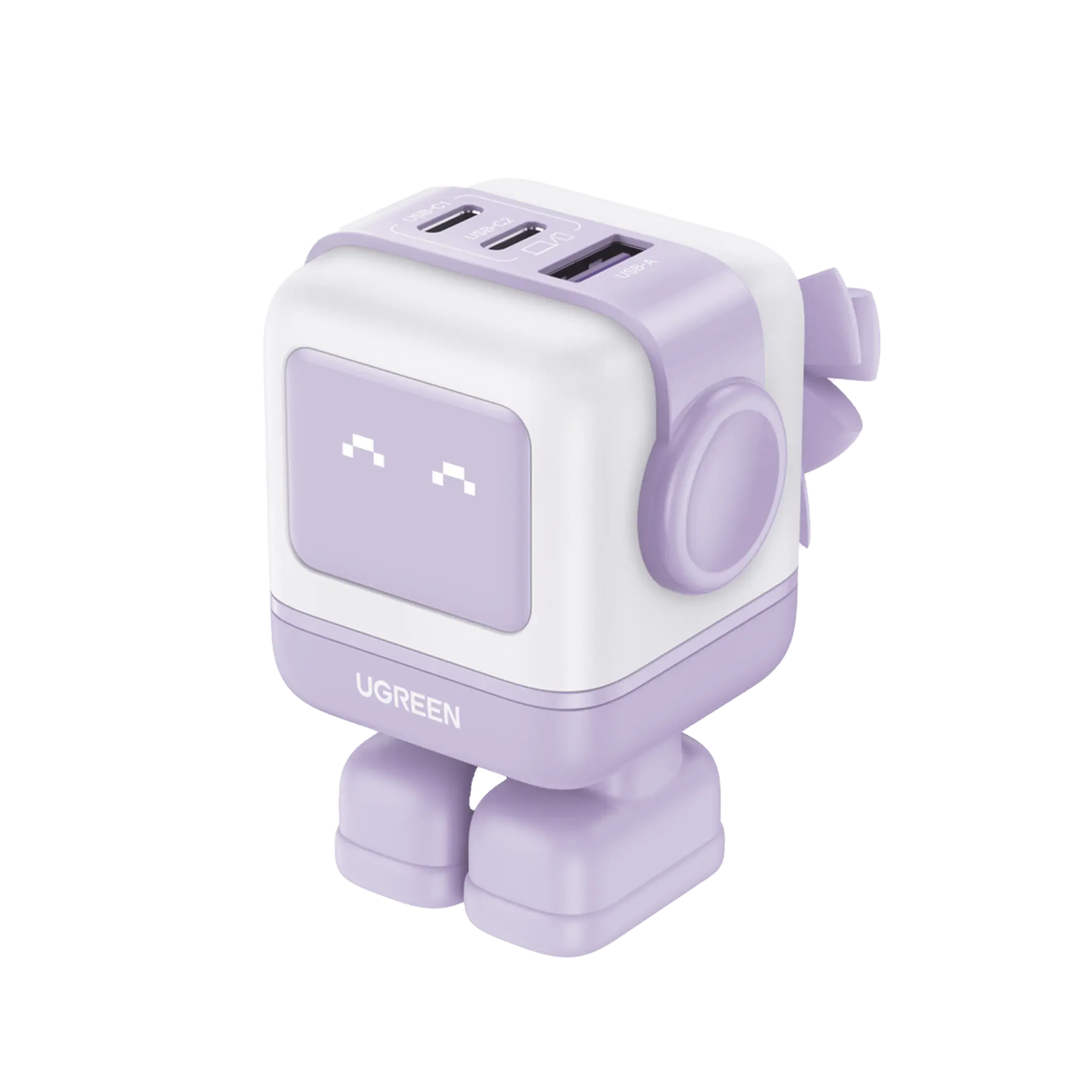 Cargador RobotGaN de 65W Serie UNO | 3 Puertos de Carga Rápida | 2 USB-C | 1 USB-A | PD 3.0 | QC 4.0 | Carga Inteligente | Tecnología GaN II | Zapato Magnético Extraíble | Carcasa Ignifuga | Pantalla LED.