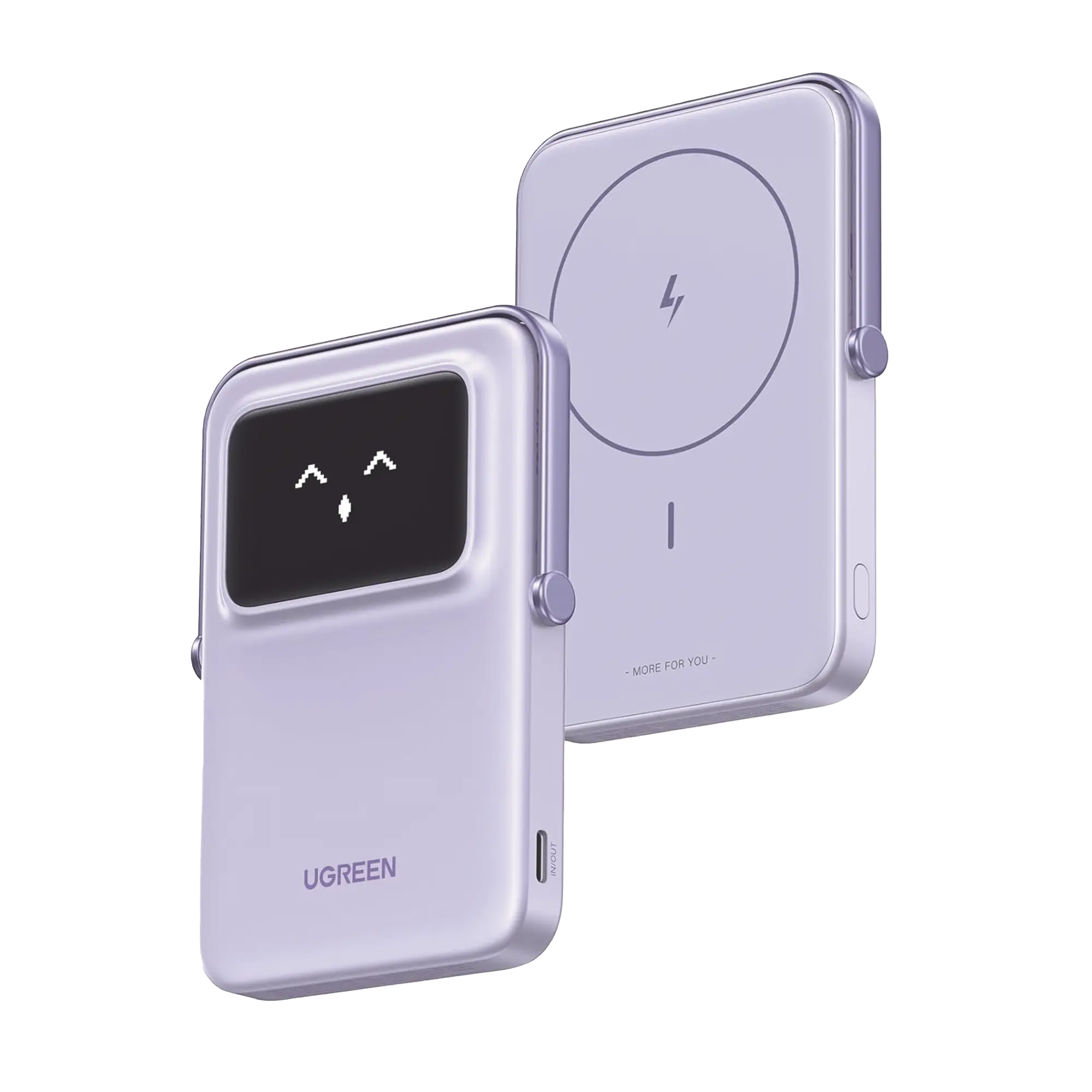 Power Bank Inalambrico | 5000mAh | 7.5W | Con Emojis de Estado | Carga Rápida USB-C Bidireccional | Pantalla TFT Inteligente | 13 niveles de Proteccion | Con Holder | Color Purple.