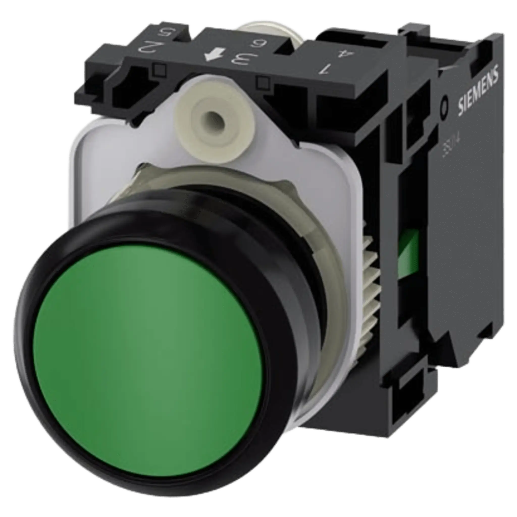 Botón 3SU11000AB401BA0 Sirius 22mm, Color Verde, Incluye soporte y contacto Normalmente Abierto.
