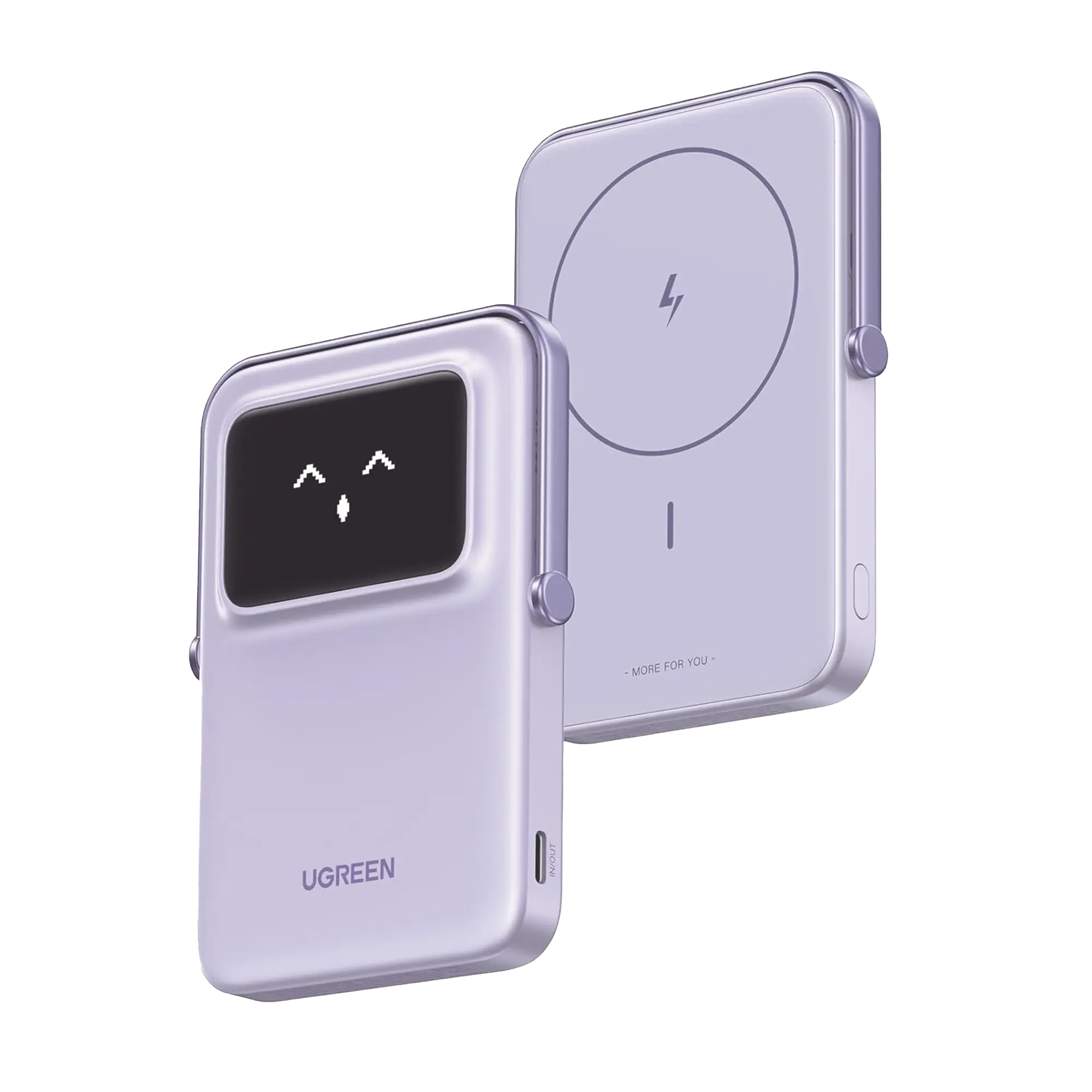 Power Bank Serie UNO Inalambrico | 10000mAh | 7.5W/20W | Con Emojis de Estado | Carga Rápida USB-C Bidireccional | Pantalla TFT Inteligente | Con Holder | Color Purple.