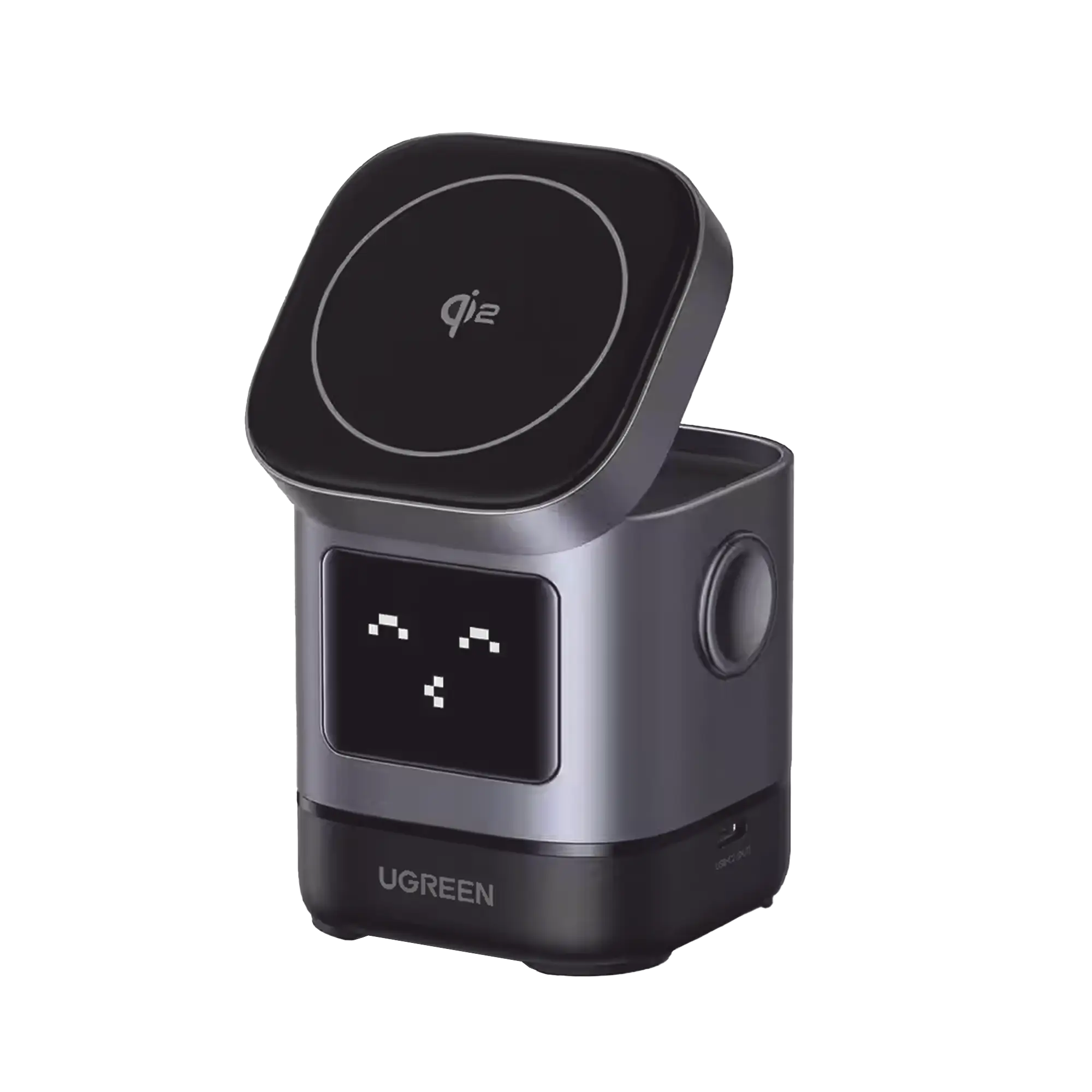 Cargador Inalámbrico Robot 2 en 1 UGREEN Qi2 / 15W Ultra Rápido para iPhone / 5W para AirPods / Pantalla Inteligente con Expresiones / Imanes N48H / Puerto USB-C 5W para Apple Watch / Compatibilidad MPP