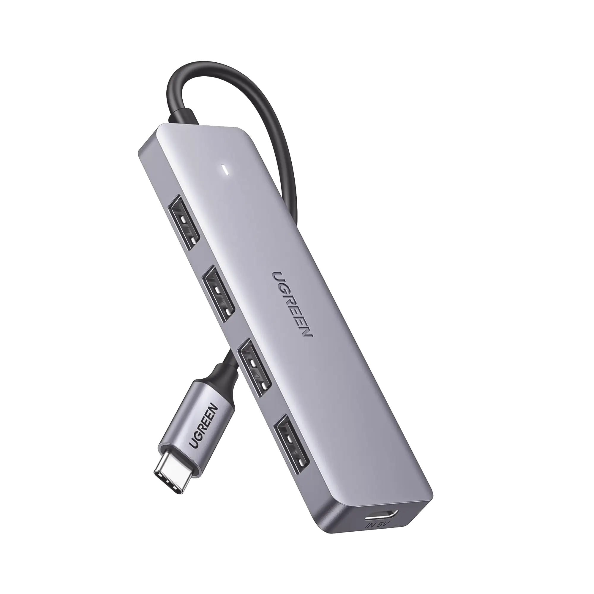 HUB USB-C 3.0 4 EN 1 | 4 Puertos USB-A (5Gbps) | Carcasa ABS + PC | Soporta OTG | Luz Indicadora LED | Compatible con iPhone 15 Pro MAX) | Interfaz Niquelada | Color Gris Metalizado | Cable de 15cm.