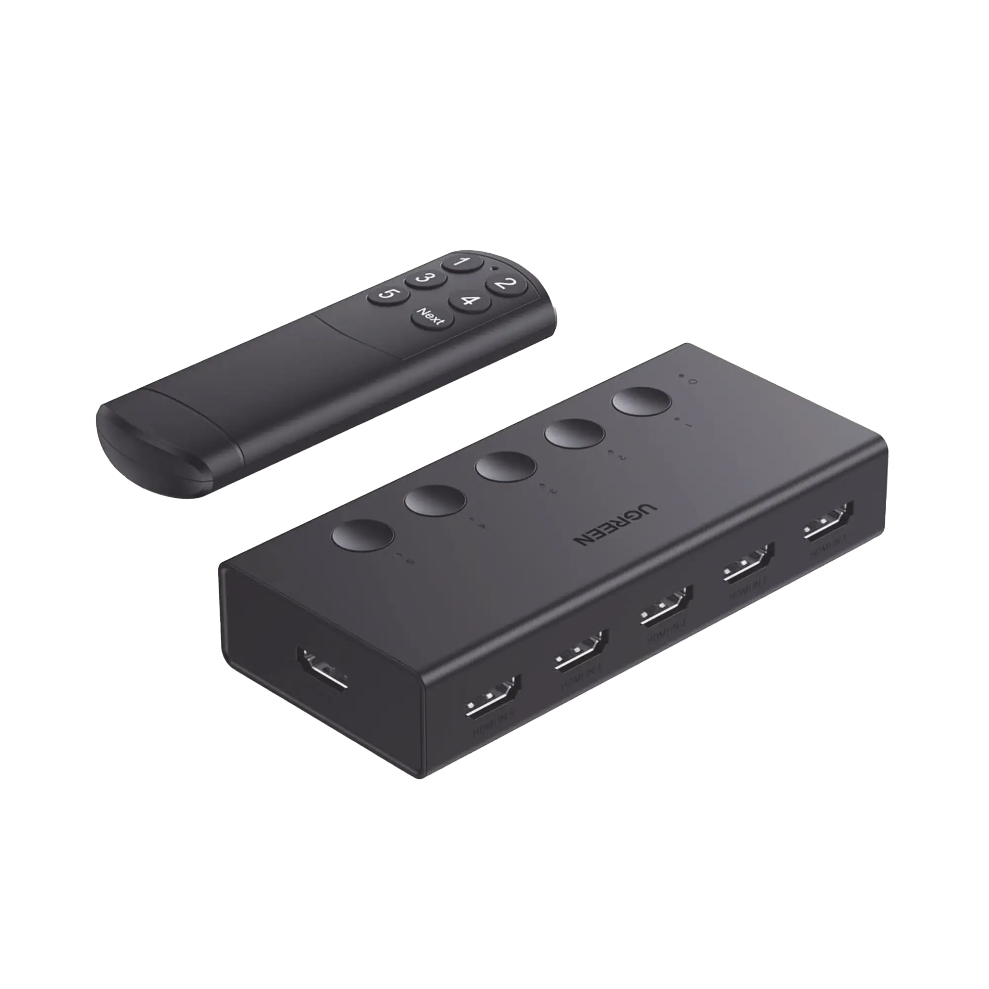 Conmutador HDMI 5X1 | 4K@60Hz | HDMI 2.0, 1.4 |  HDCP 2.2, 1.4 | VRR | Dynamic HDR | 3D | CEC | EDID | IR 10m | 18Gbps | Cambio Manual y por Control Remoto |  Incluye Cable de Alimentación USB.