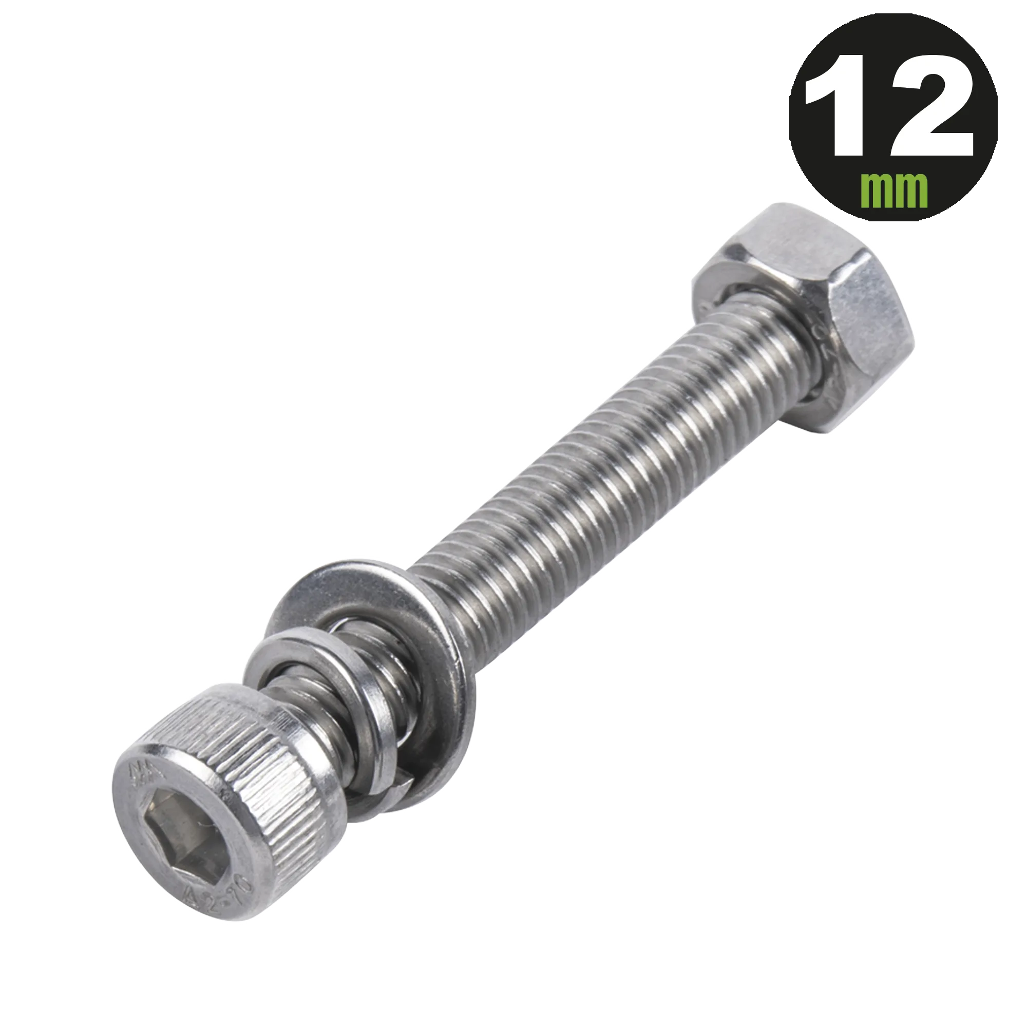 1 Tornillo Allen Milimétrico de Acero Inoxidable  M8-1.25 x 12/ Con 1 Tuerca, 1 Arandela de Presión y 1 Plana / Para Montajes de Módulos Foto Voltaicos .