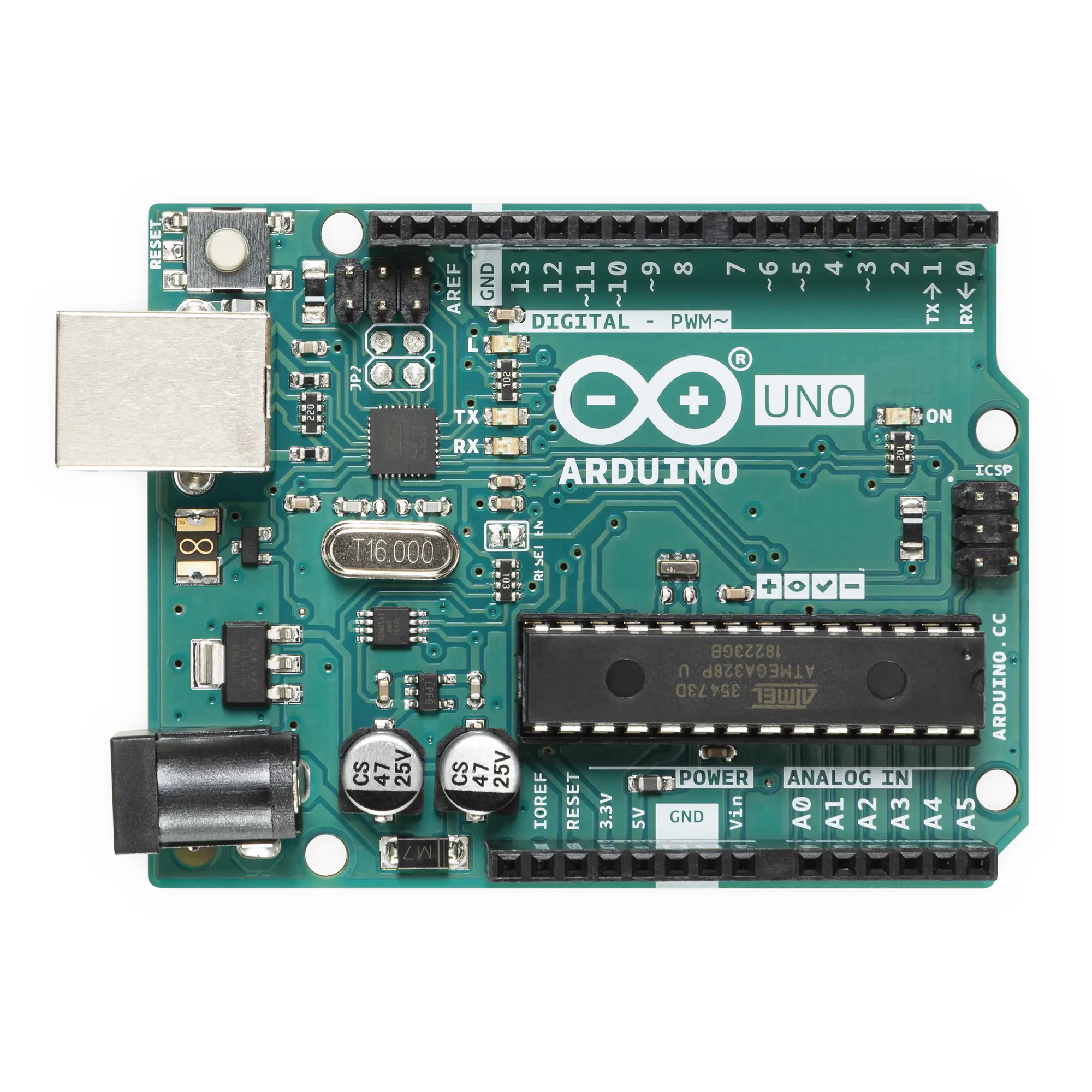 Placa de Desarrollo Arduino UNO R3 / Microcontrolador ATmega328P / 14 Pines Digitales / 6 Entradas Analógicas / USB-B / Compatibilidad Shields / Educación e Industria