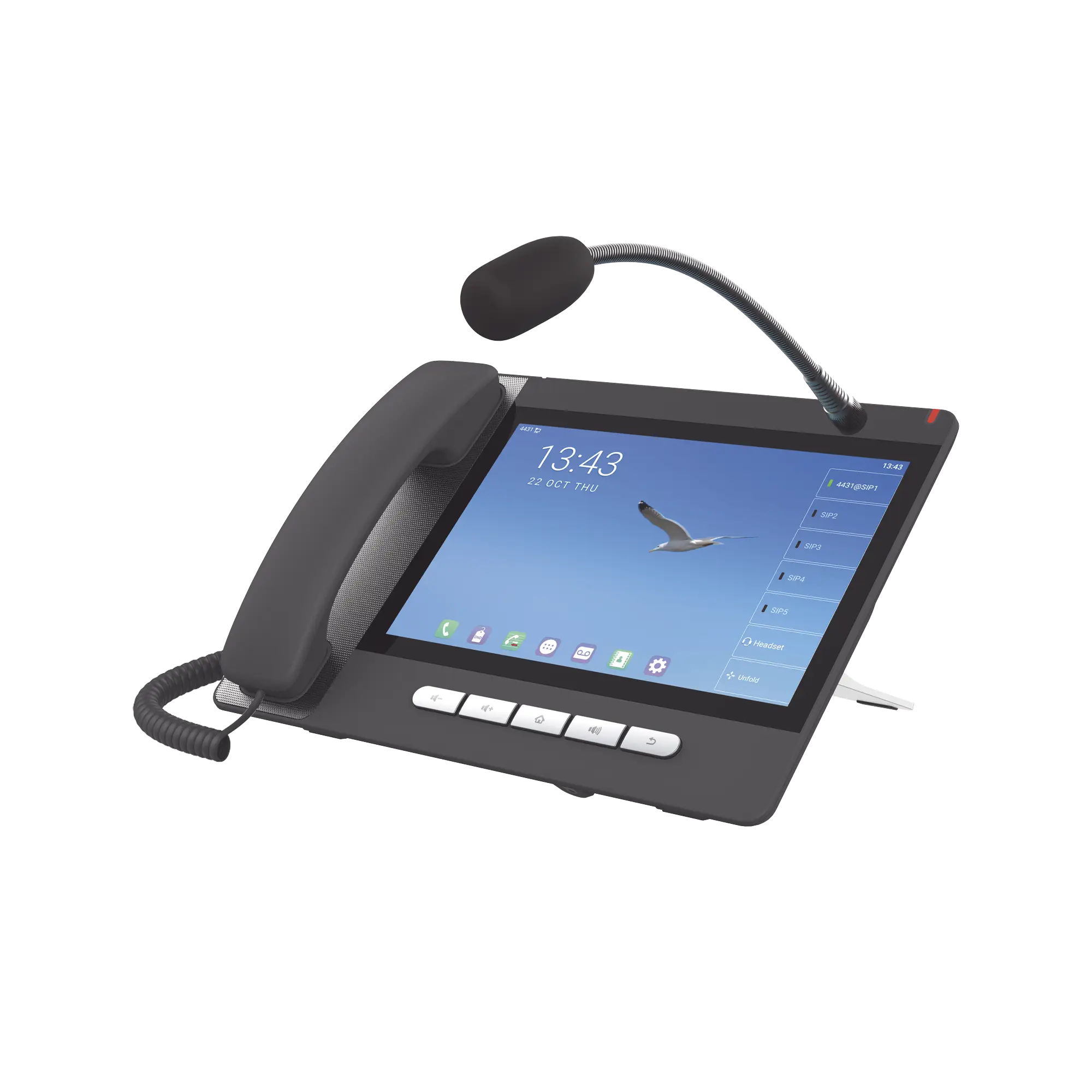 Teléfono IP  Android 9.0 Empresarial para 20 líneas SIP, pantalla táctil, Wi-Fi y Bluetooth, PoE, hasta 112 botones DSS, puertos Gigabit, soporta recepción de video.