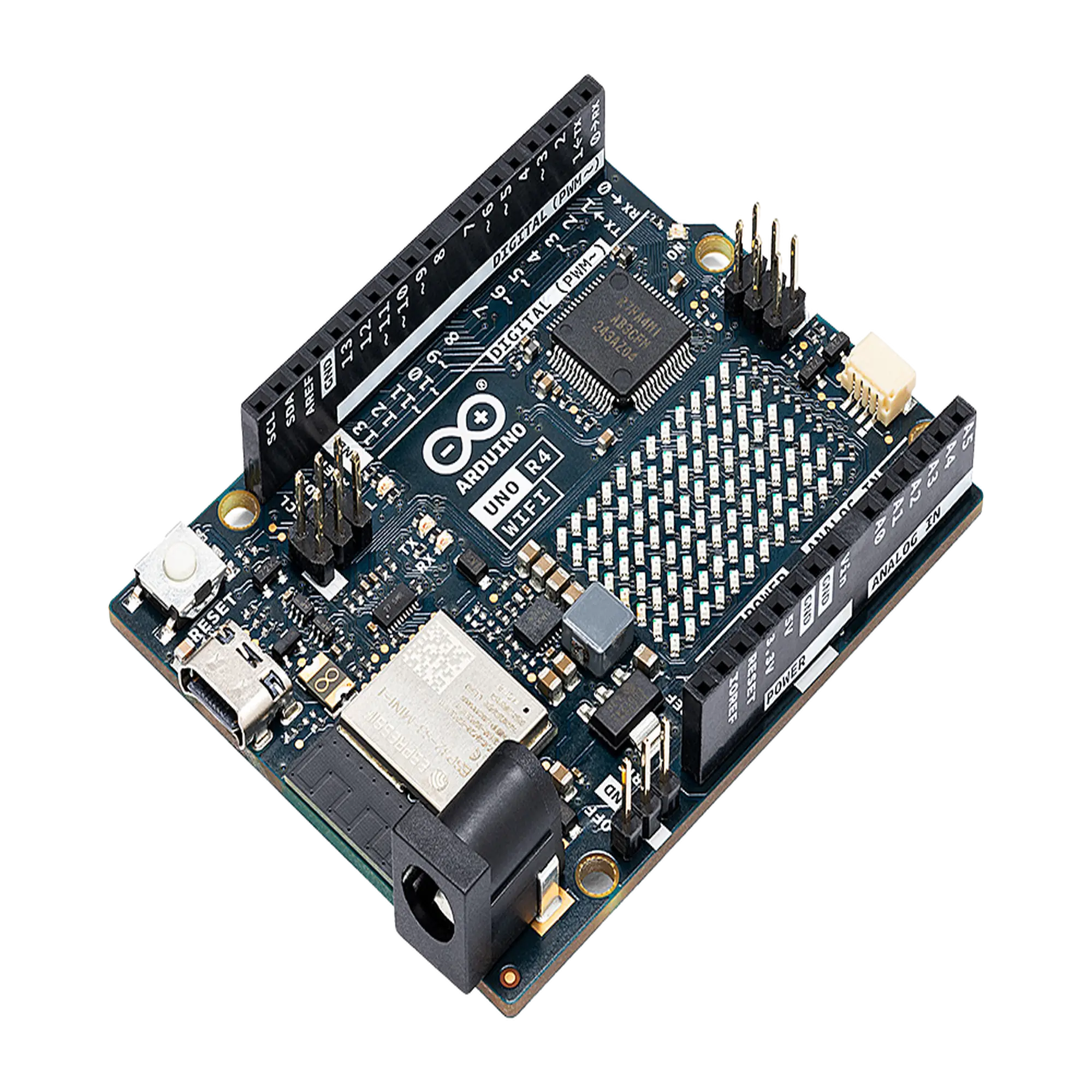 Placa de Desarrollo Arduino UNO R4 WiFi / Microcontrolador 32-bit RA4M1 Arm Cortex-M4 48 MHz / ESP32-S3 WiFi 4 y Bluetooth 5 / 256 kB Flash + 32 kB SRAM / Matriz LED 12×8 / DAC 12-bit / Compatibilidad Shields UNO