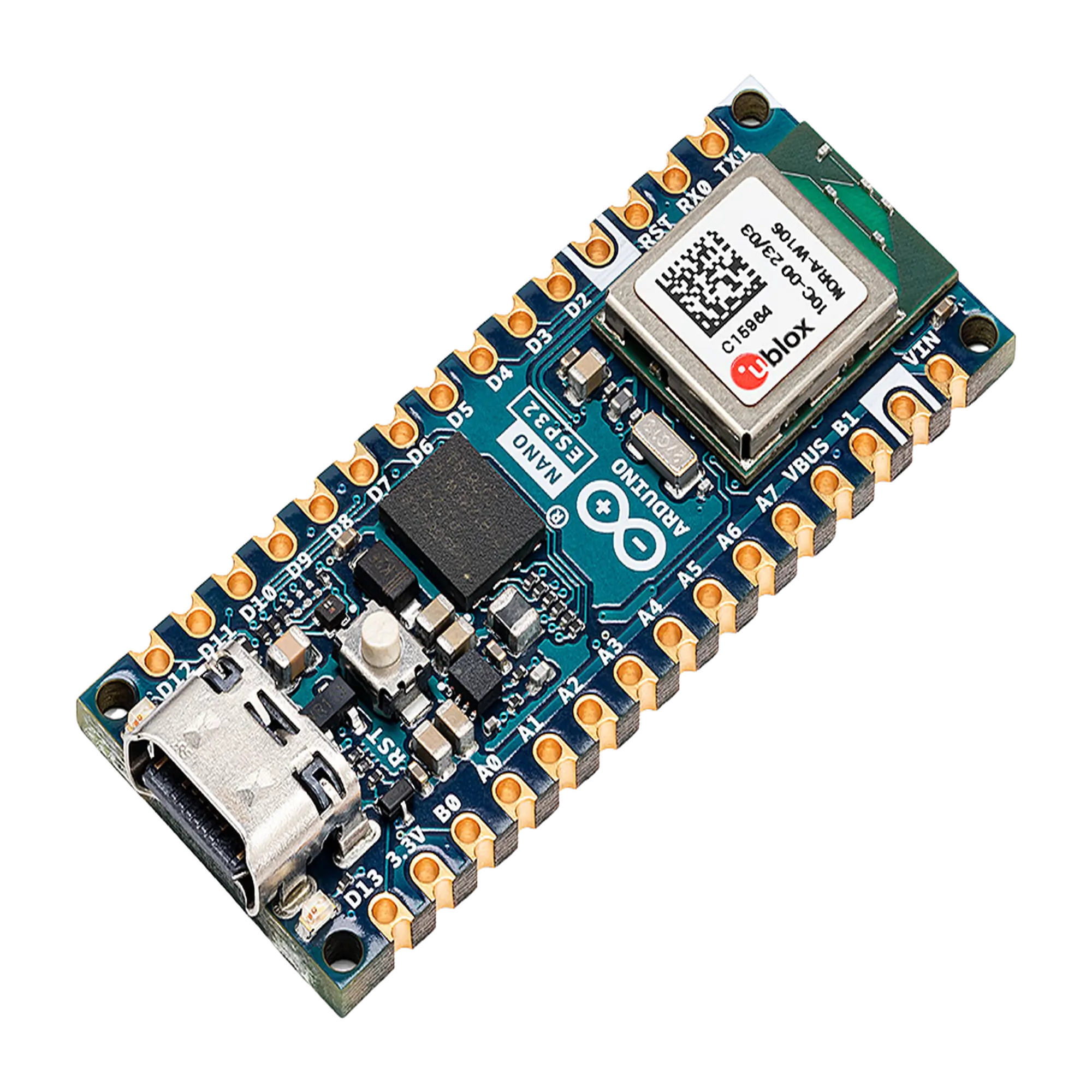 Placa Desarrollo Arduino Nano ESP32 / Microcontrolador ESP32-S3 Dual-Core 240 MHz / Wi-Fi 4 802.11 b/g/n + Bluetooth LE 5.0 / 16 MB Flash Externa + 8 MB PSRAM / Compatibilidad Arduino Cloud + MicroPython / USB-C + Conectividad IoT