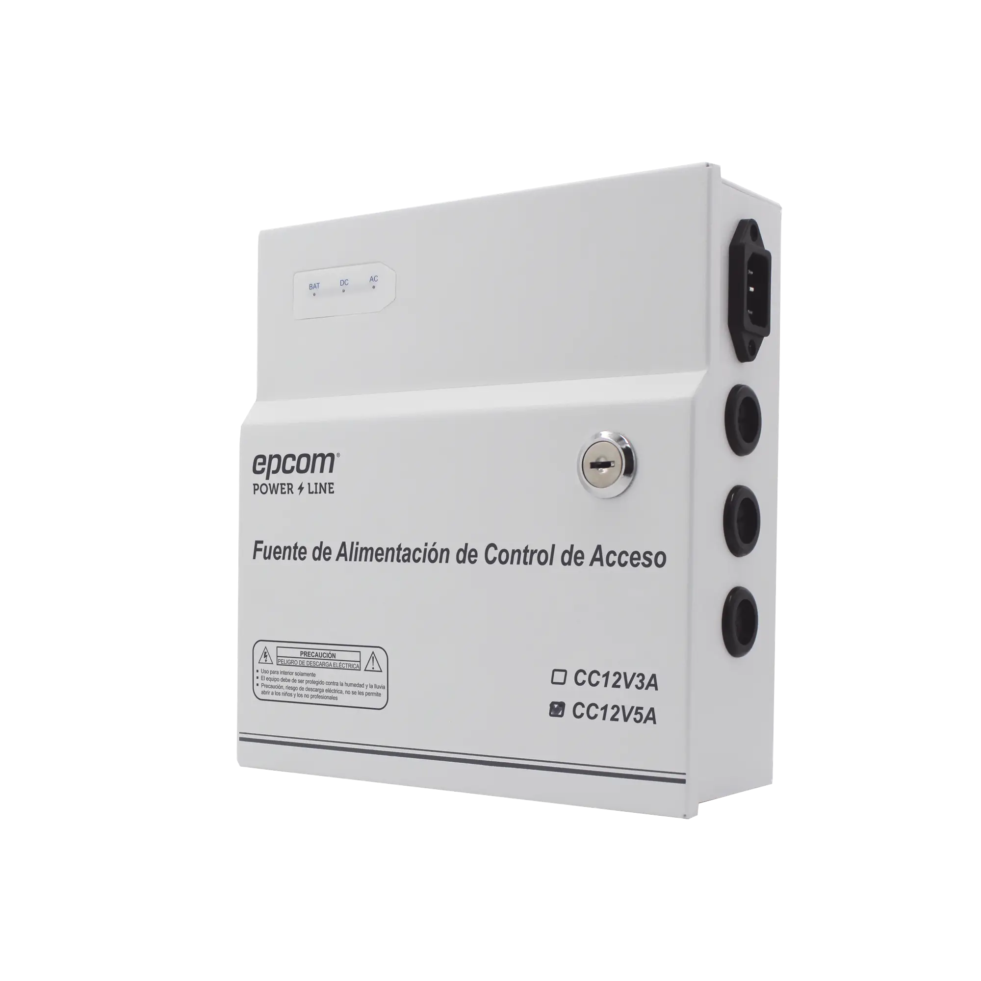 Fuente de Poder / 1 Salida 11-15 Vcc / 5 A / Temporizador Integrado / Con Capacidad de Batería de Respaldo / Requiere Batería / Aplicaciones en sistemas de control de Acceso