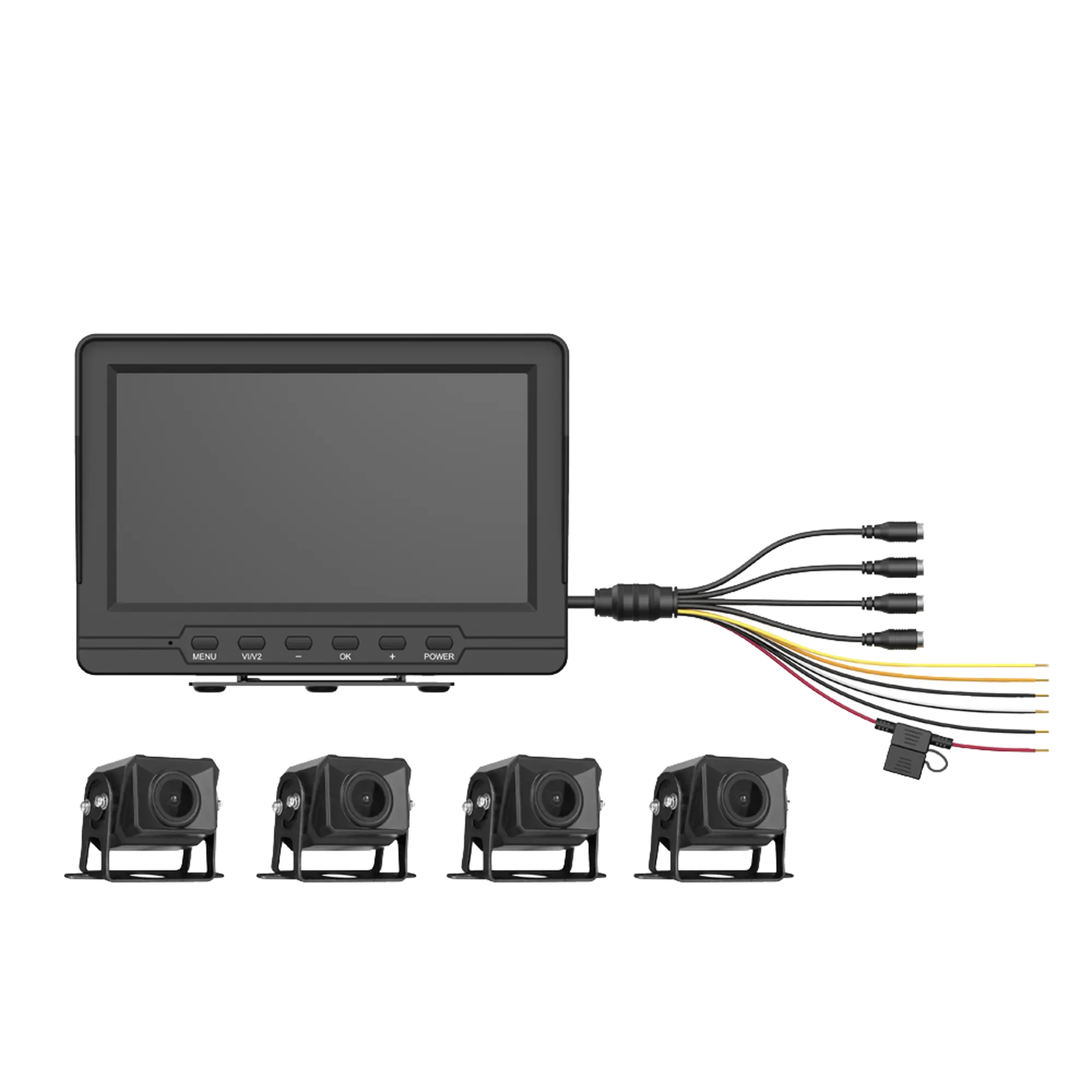 Sistema de Monitoreo Local / 4 Cámaras 1080p para Exterior (IP68) y Pantalla LCD de 7″ a Color / Memoria Micro SD de 64 GB (Expandible a 512 GB) / Soporta Cambio de Cámara al Dar Reversa al Vehiculo / Accesorios de Instalación