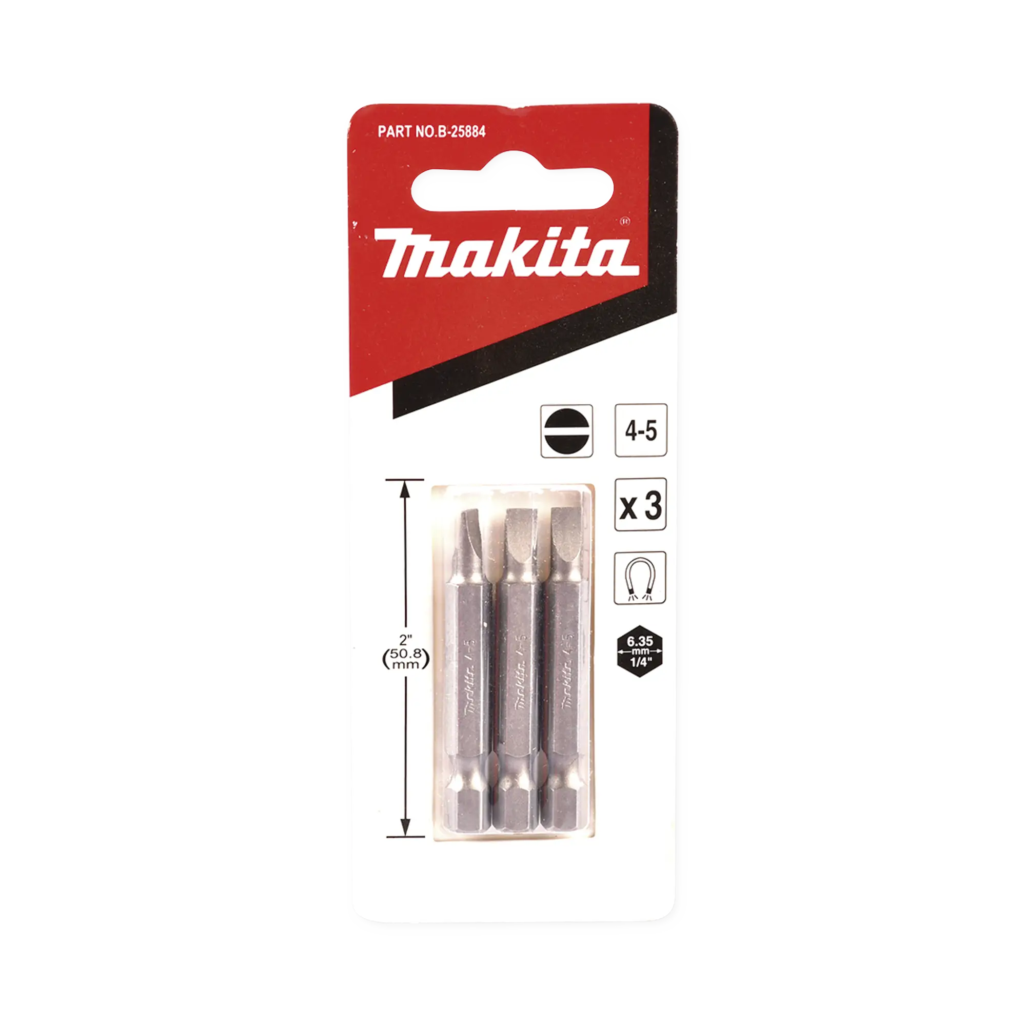Punta plana para atornillar de 4-5 x 50 mm forma “E”, zanco tipo hexagonal de 1/4″ con punta magnética, blíster con 3 piezas.