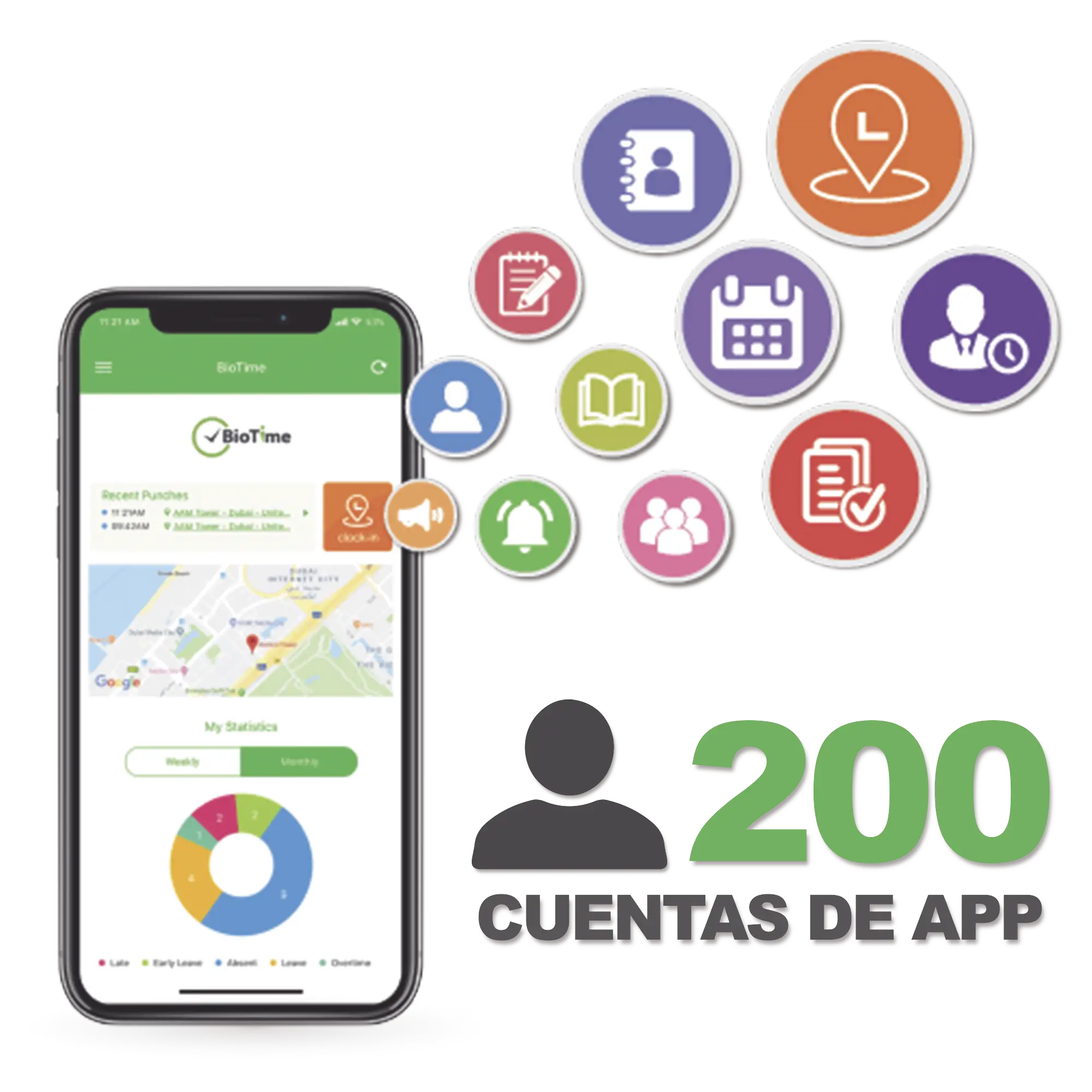 Licencia para realizar checadas de asistencia desde Smartphone (APP) con envío de fotografía y ubicación por GPS / Compatible con BIOTIMEPRO / Licencia para 200 usuario