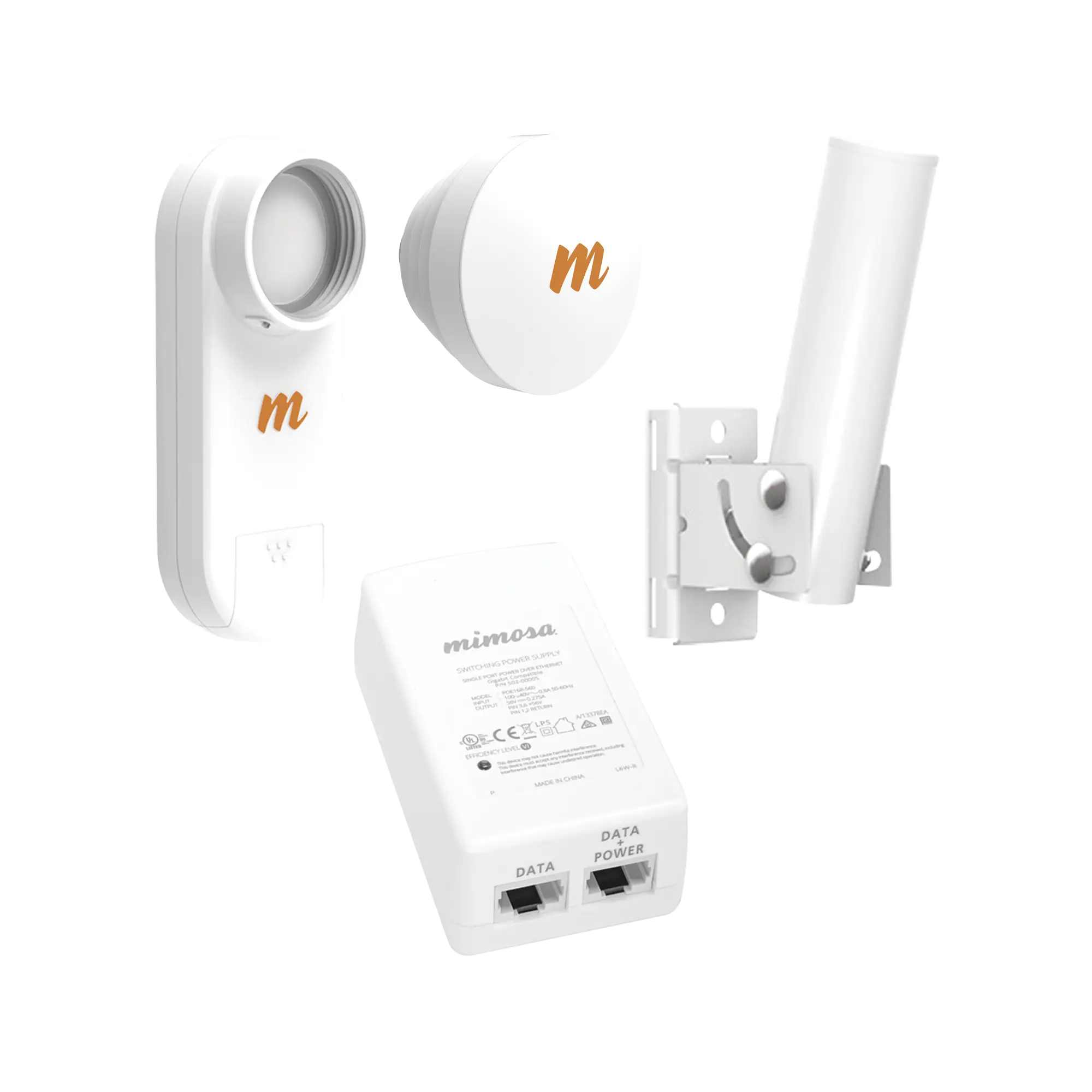 Kit de radios C5X, rango de frecuencia extendida (4.9 a 6.4 GHz), incluye inyector POE, montaje universal para tubo o poste Y una antena de 16 dBi