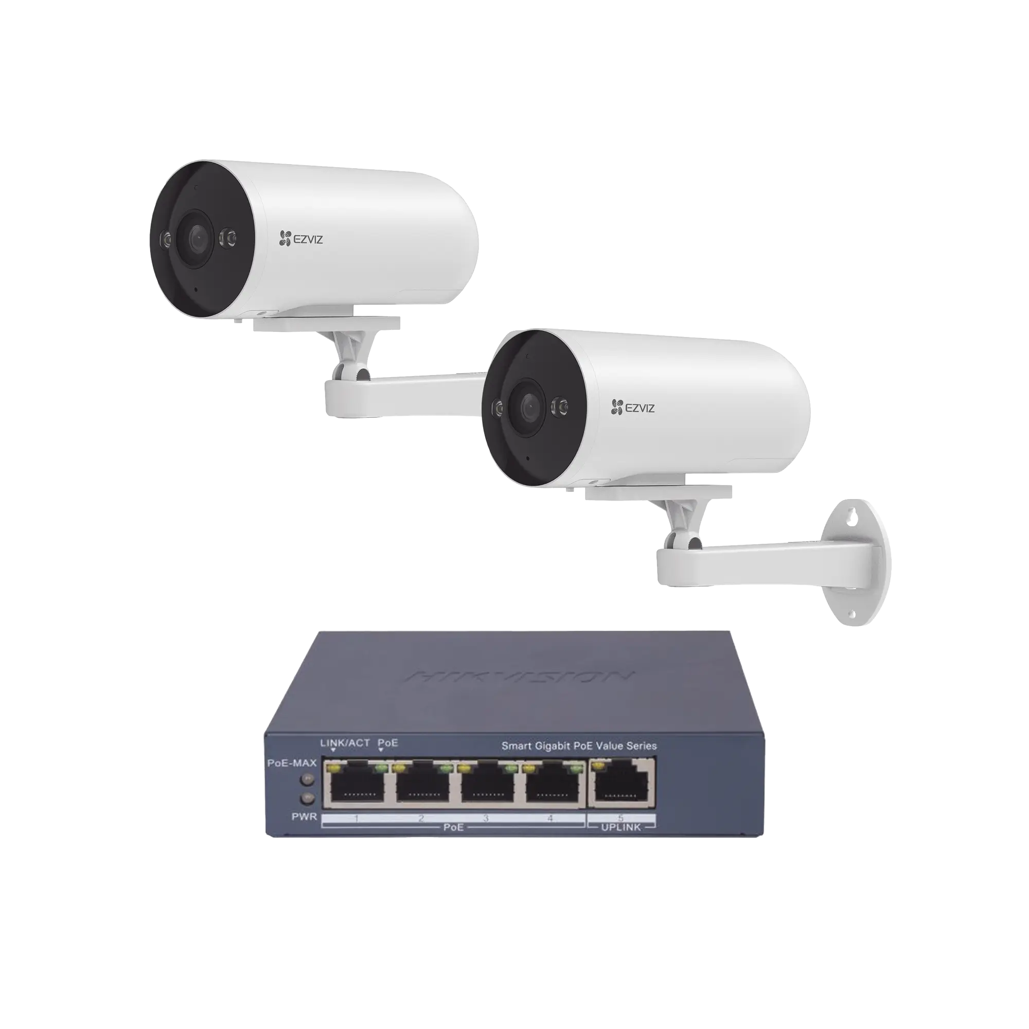 Kit de cámaras PoE Para Uso en Exterior / PoE Estandar Af / 2 piezas CS-H5/3MP/ 1 Pieza de Switch DS-3E1505P-EI/M / Vision Nocturna a Color / IP67 / Audio Bidireccional / Luz y Sirena / 4 Puertos 1000 Mbps PoE+ / 1 Puerto 1000 Mbps Uplink