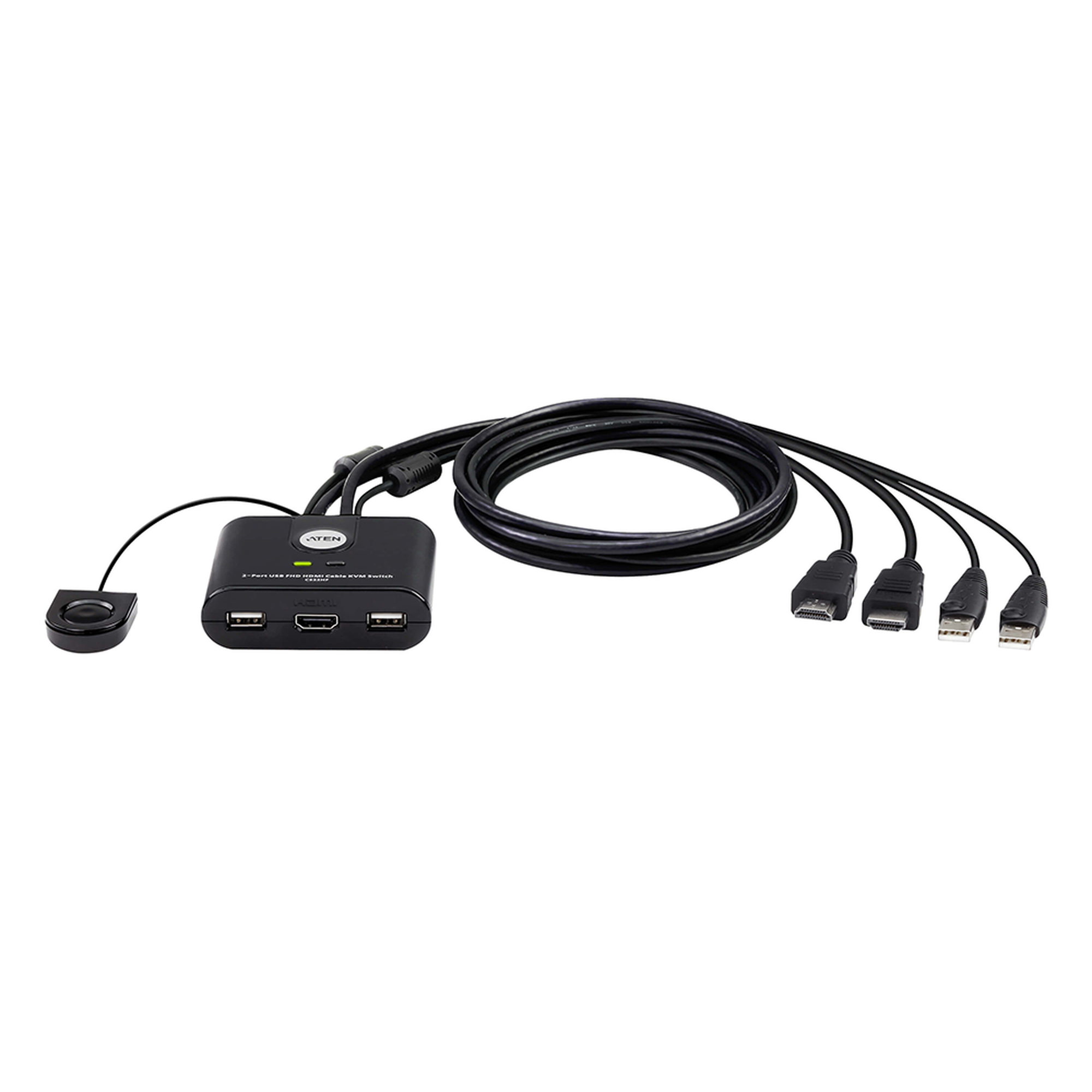 Switch KVM | USB FHD HDMI | de 2 puertos en formato cable | 1920×1080 @ 60Hz (FHD) | HDCP 1.4 | Conecta y controla 2 equipos con un solo monitor, teclado y mouse