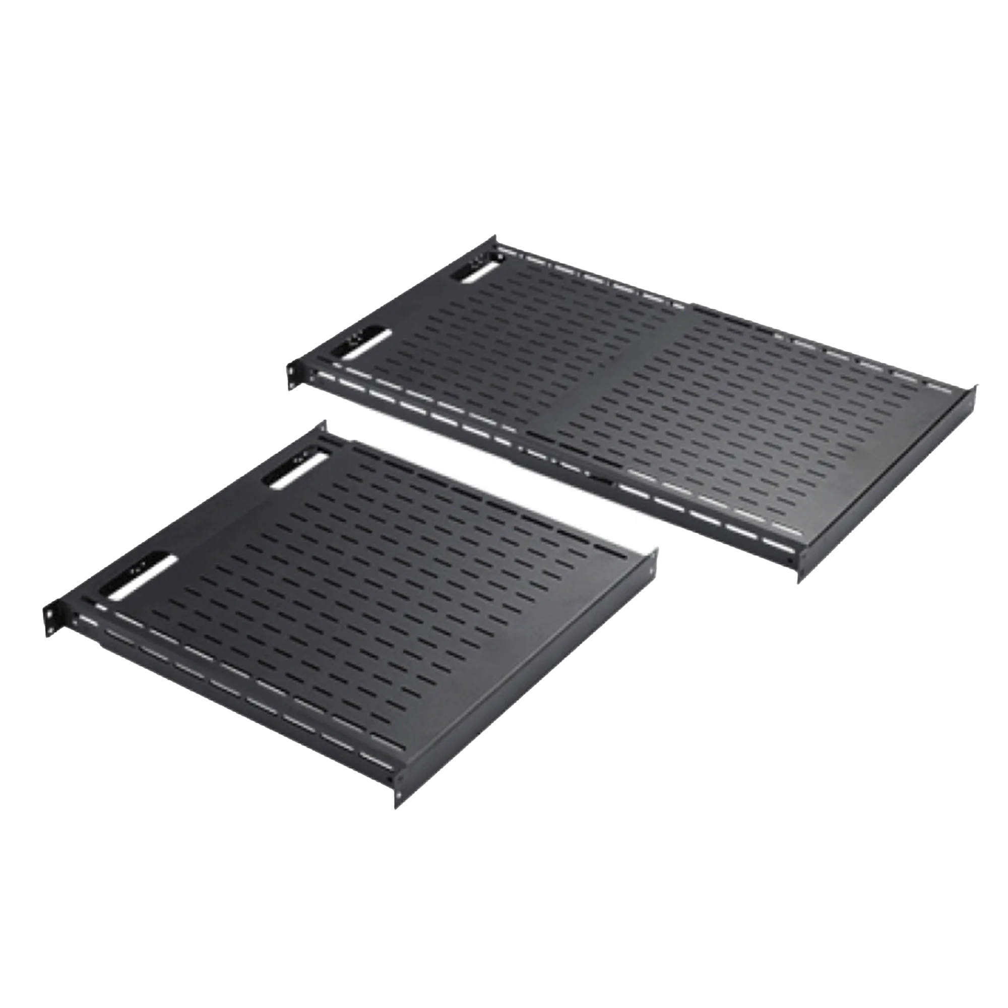 Charola Ventilada de Instalación sin Herramienta, Para Rack o Gabinetes de 4 Postes, Ajustable de 900 a 1200 mm de Profundidad, De Acero, Color Negro