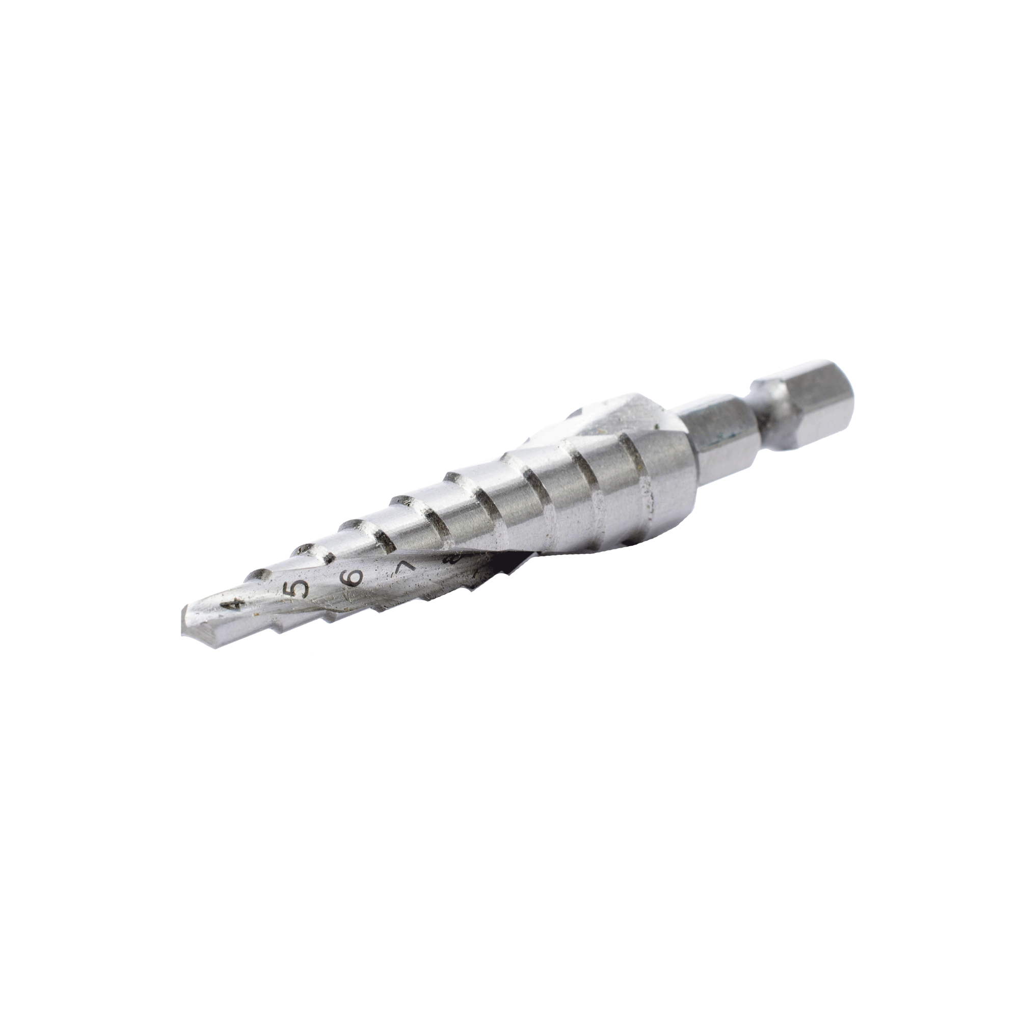 Broca escalonada espiral de hss 4-12 mm, zanco de 1/4″ hexagonal, blister con una pieza.
