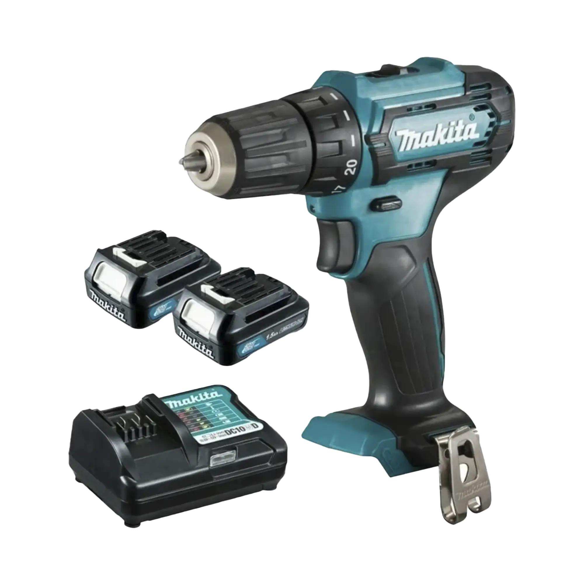 Atornillador broquero cambio rápido 3/8”. 2 baterías 12v de 1.5 amperes y cargador.