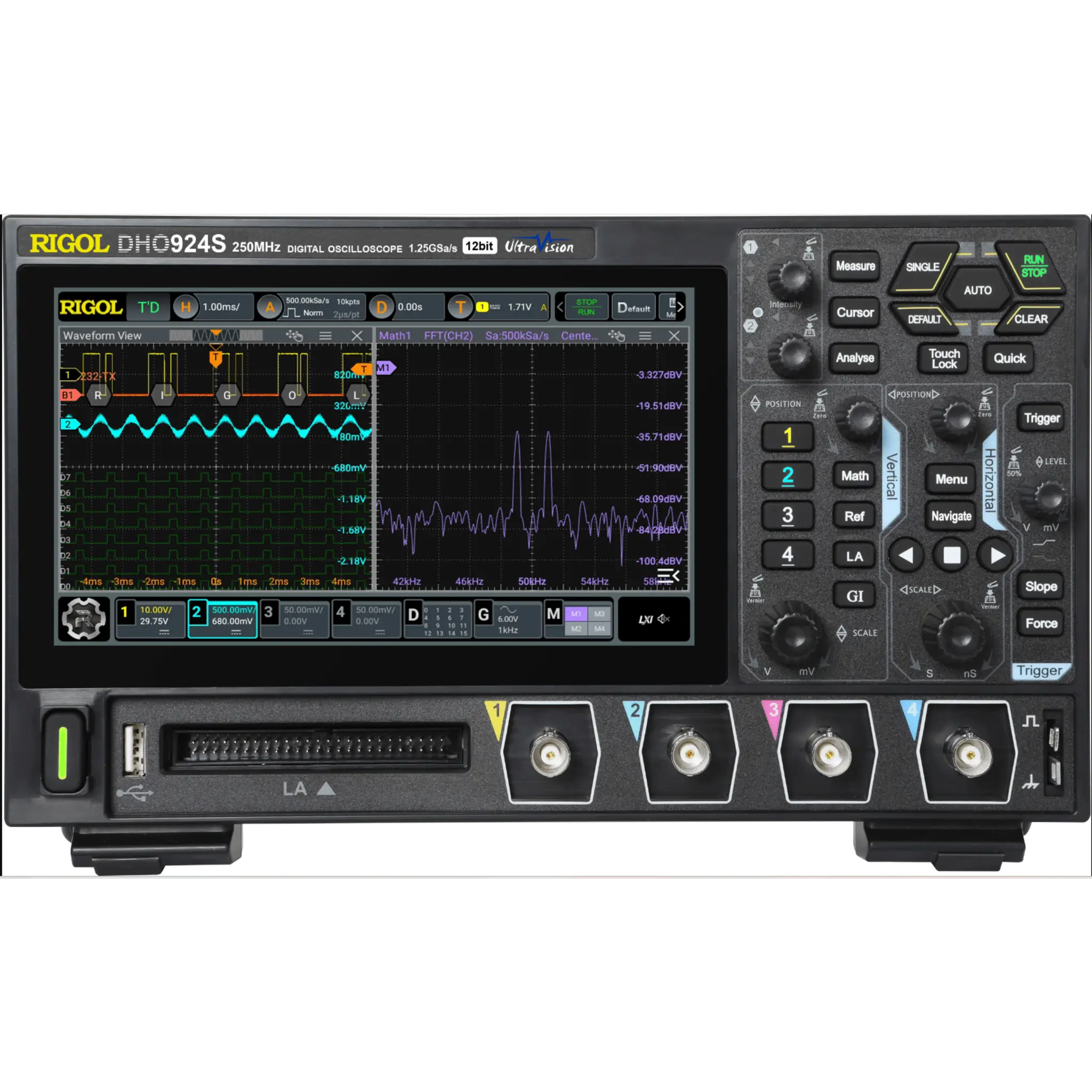 Osciloscopio Digital Rigol de 4 Canales Análogos, 250 MHz de Ancho de Banda Análoga, Vel. de Muestreo-Tiempo Real de 1.25 GS/s. con Generador de Audio (AFG)