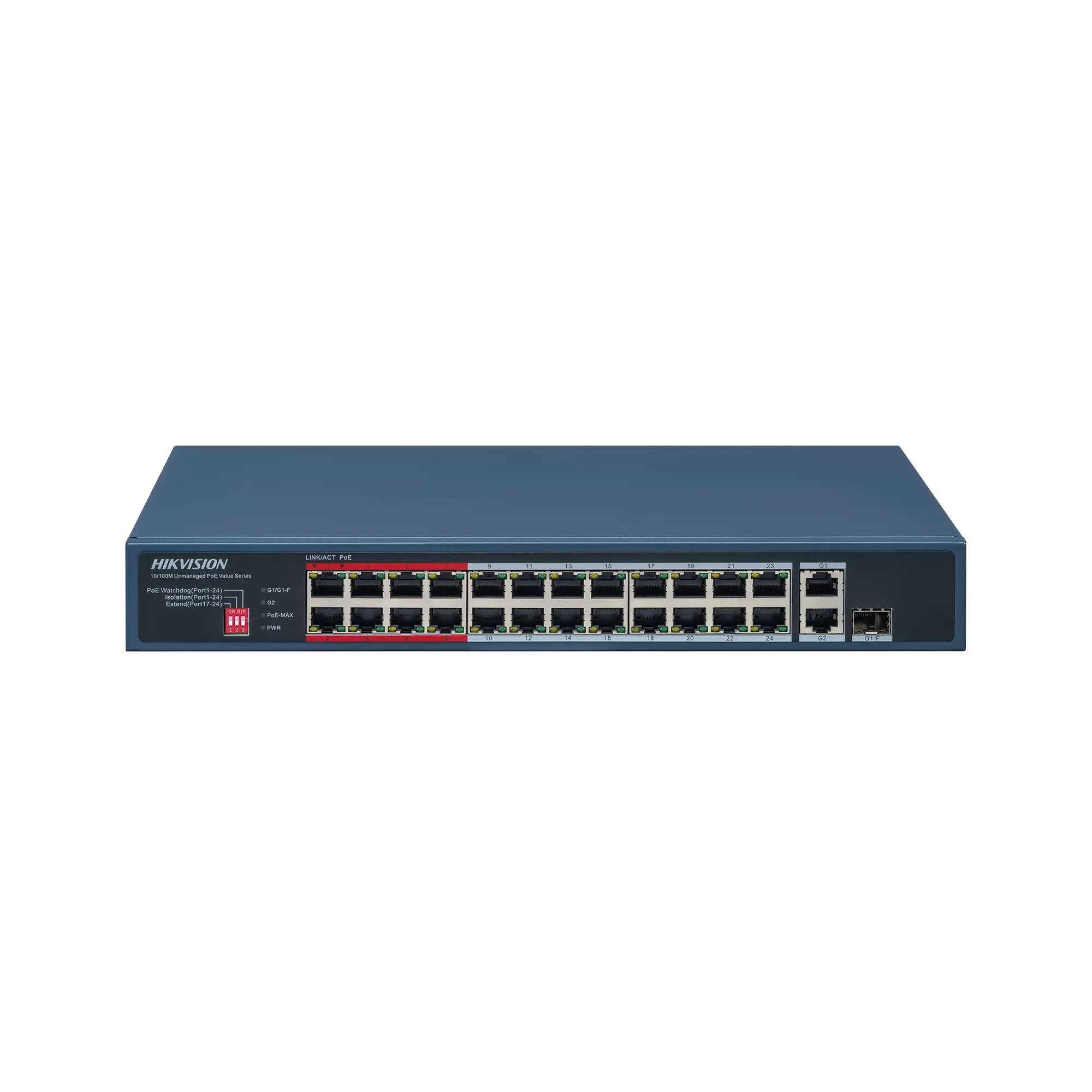 Switch PoE+ / No Administrable / 24 Puertos 10/100 Mbps PoE+ / 2 Puertos 1000 Mbps Uplink / 1 Puerto SFP Uplink / Modo Extendido hasta 300 Metros / 230 W