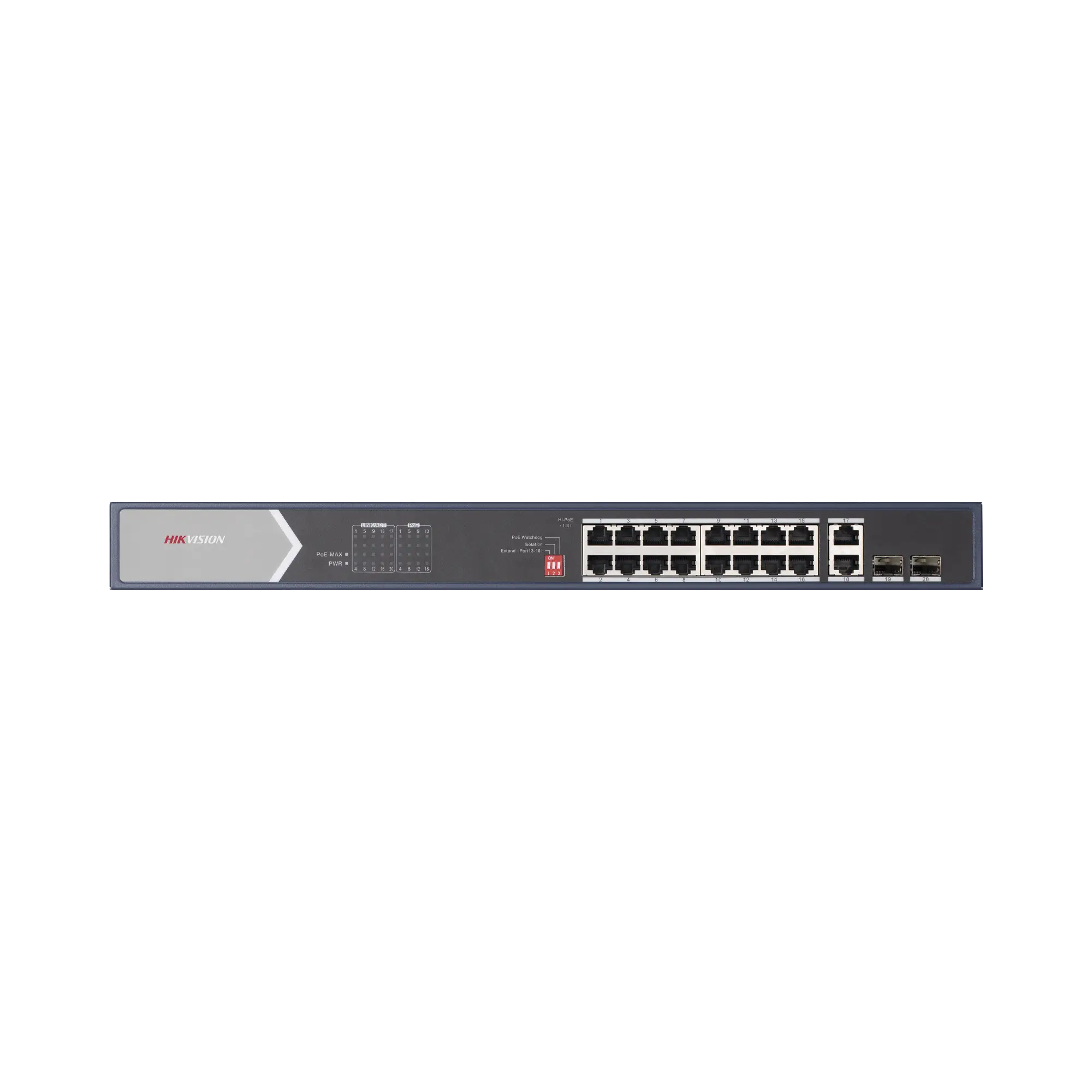 Switch Gigabit PoE+ / No Administrable / 16 Puertos 1000 Mbps PoE+ (4 Puertos PoE++ 90 W) / 2 Puertos 1000 Mbps Uplink + 2 Puertos SFP de Uplink / Modo Extendido hasta 300 Metros / 225 W