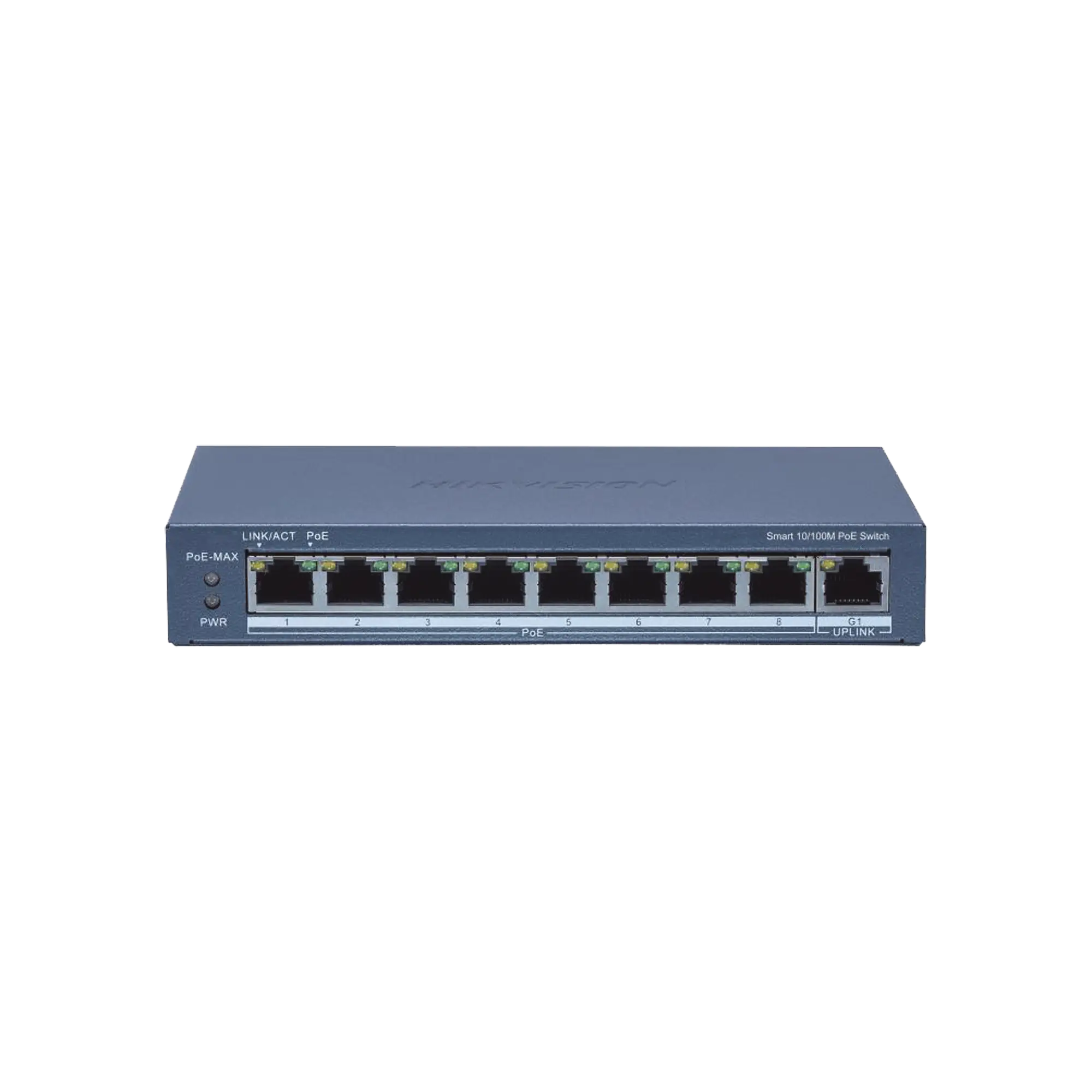 Switch Administrable PoE+ / 8 puertos 100 Mbps PoE+ / 1 puerto 1000 Mbps de Uplink / PoE hasta 300 Metros / Conexión Remota desde Hik-ParnerPro / 110 W