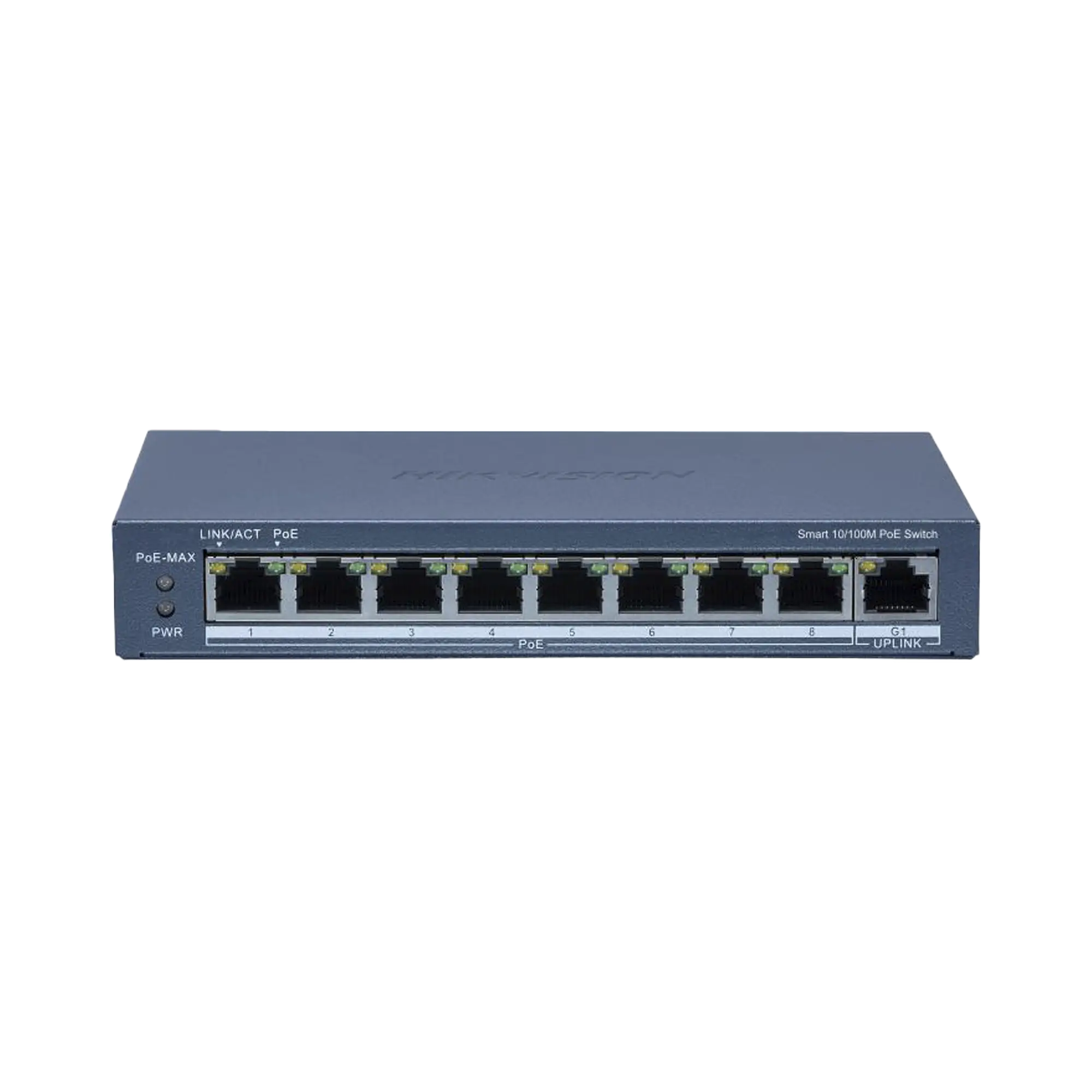 Switch PoE+ / Monitoreable / 8 Puertos 10/100 Mbps PoE+ / 1 Puerto 1000 Mbps Uplink / Configuración Nube Hik-Partner Pro / Modo Extendido hasta 300 metros / 60 W
