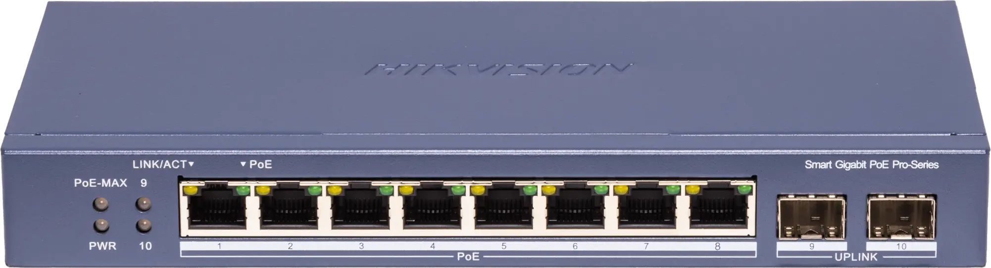 Switch PoE+ / Administrable / Uso en Rack / 8 Puertos 10/100 PoE+ / 2 Puertos 1000 Mbps Uplink / 2 Puertos SFP / Configuración Nube desde Hik-PartnerPro / Modo Extendido hasta 300 Metros / 125 W