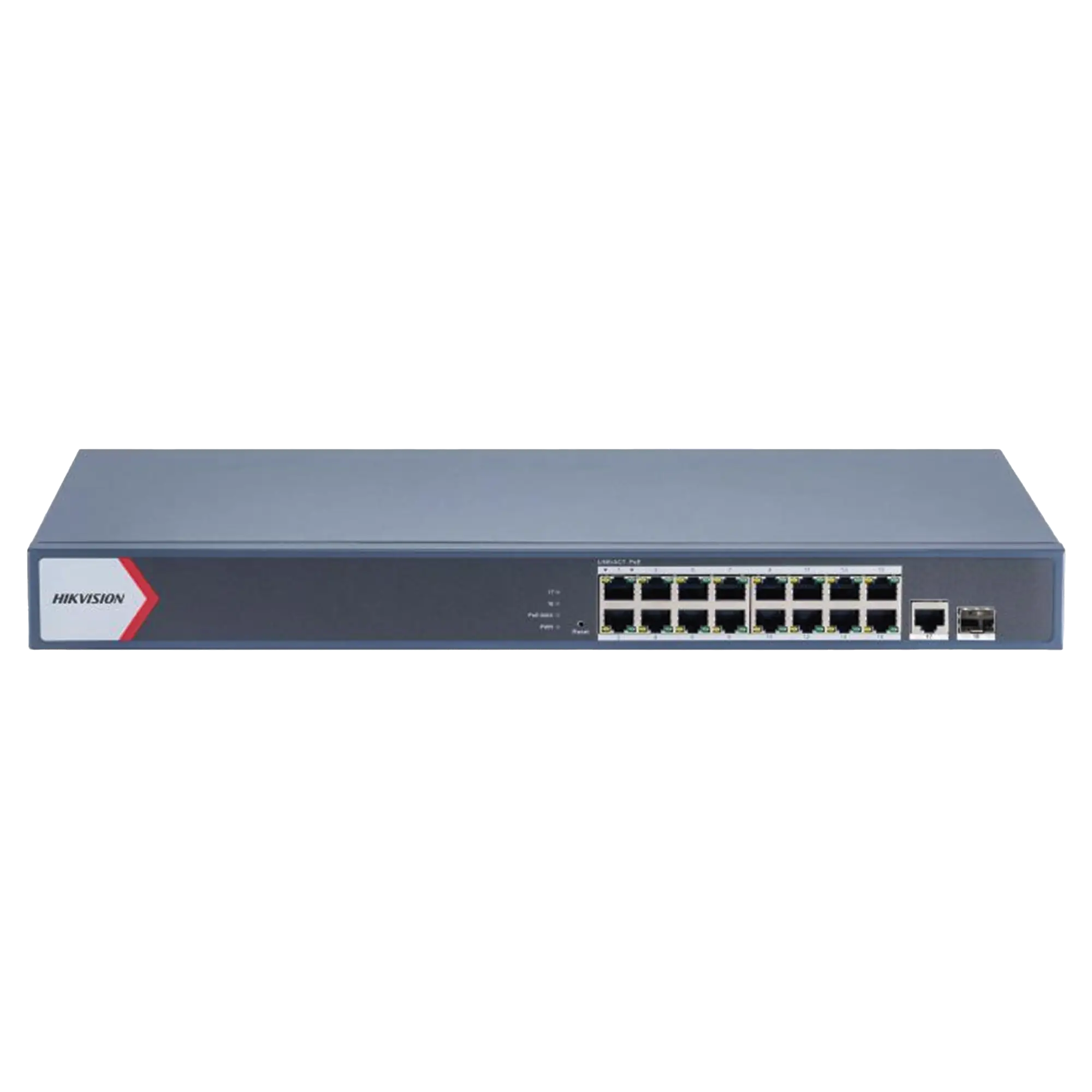 Switch Gigabit PoE+ / Administrable / 16 Puertos 1000 Mbps PoE+ / 1 Puerto 1000 Mbps de Uplink / 1 Puerto SFP / Configuración Nube desde Hik-Partner Pro / Modo Extendido hasta 300 Metros / 230 Watts