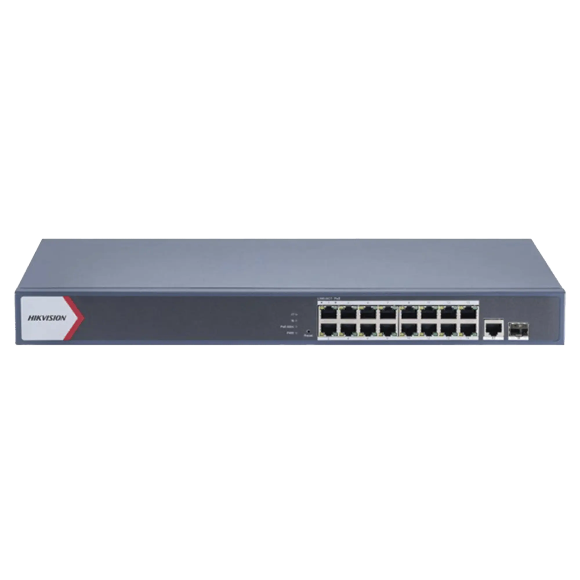 Switch Gigabit PoE+ / Monitoreable / 16 Puertos 1000 Mbps PoE+ / 1 Puerto 1000 Mbps de Uplink / 1 Puerto SFP / Configuración Nube desde Hik-PartnerPro / Modo Extendido hasta 300 Metros / 130 Watts