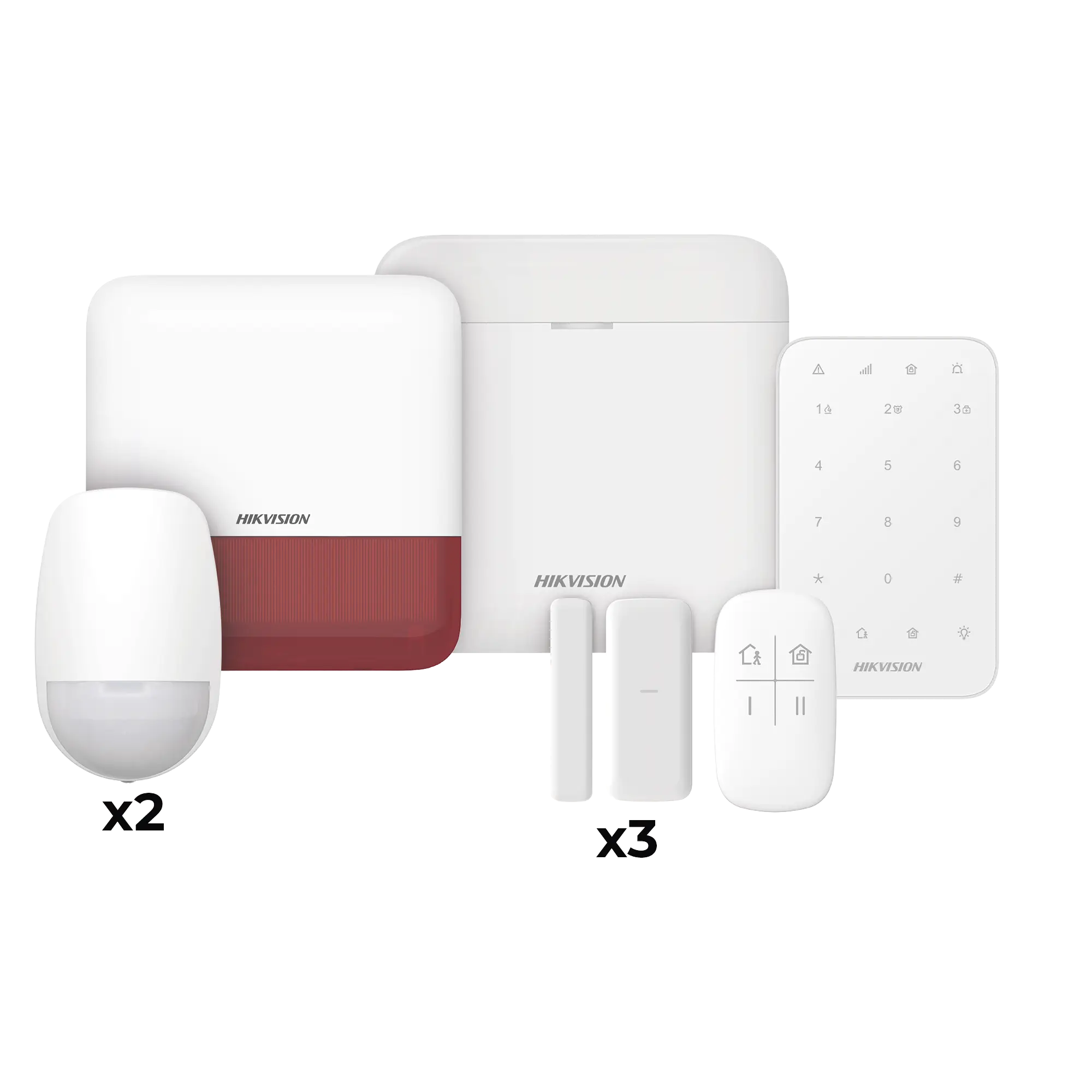 (AX PRO) KIT de Alarma AX PRO / Incluye: 1 Hub / 2 Sensores PIR / 3 Contactos Magnéticos mini / 1 Control Remoto / 1 Sirena Estrobo en color Rojo Inalámbrica Exterior /1 Teclado Inalámbrico / Wi-Fi / Compatible con Hik-Connect P2P