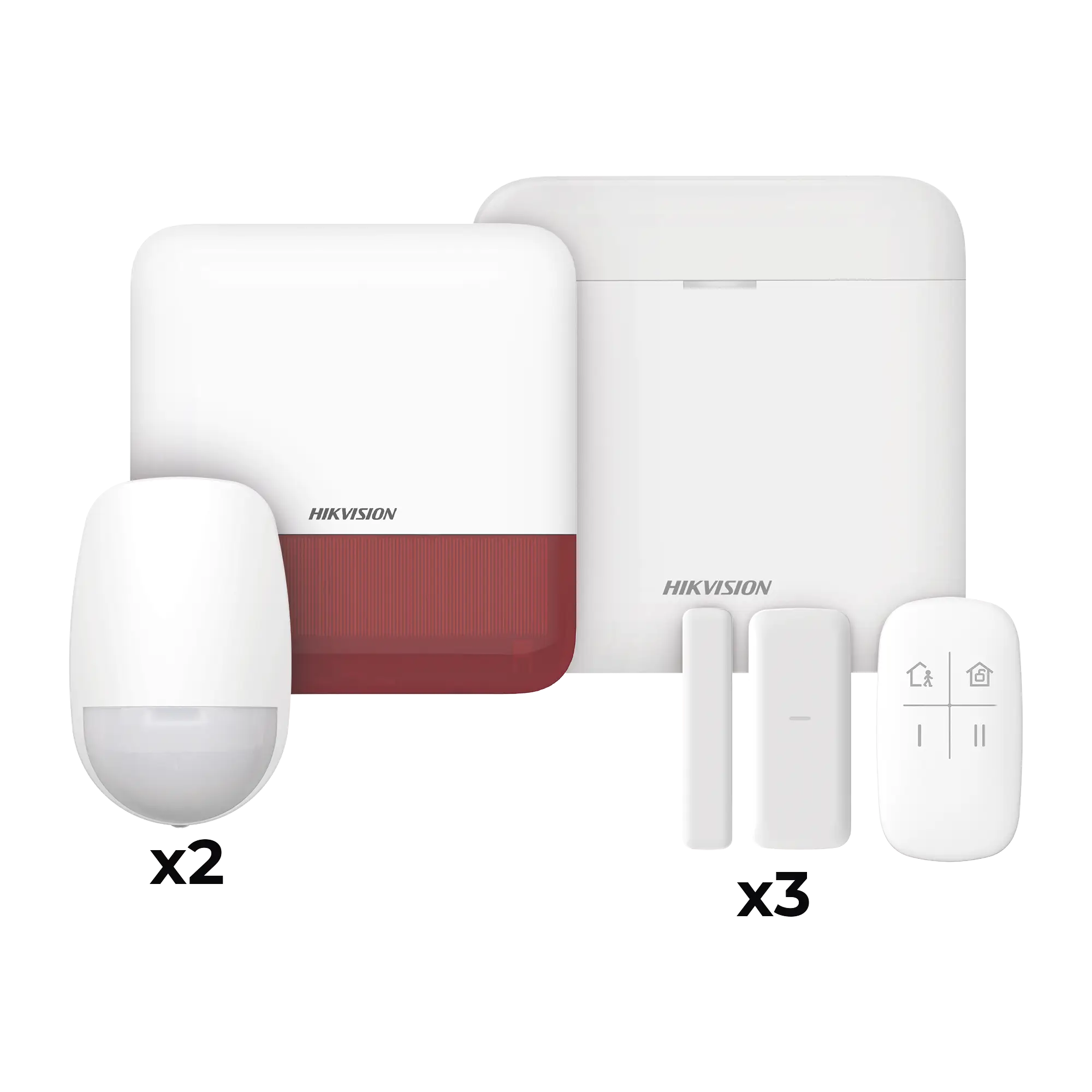 (AX PRO) KIT de Alarma AX PRO / Incluye: 1 Hub con batería de respaldo / 2 Sensores PIR / 3 Contactos Magnéticos mini / 1 Control Remoto / 1 Sirena Inalambrica Exterior color rojo  / WiFi / Compatible con Hik-Connect P2P