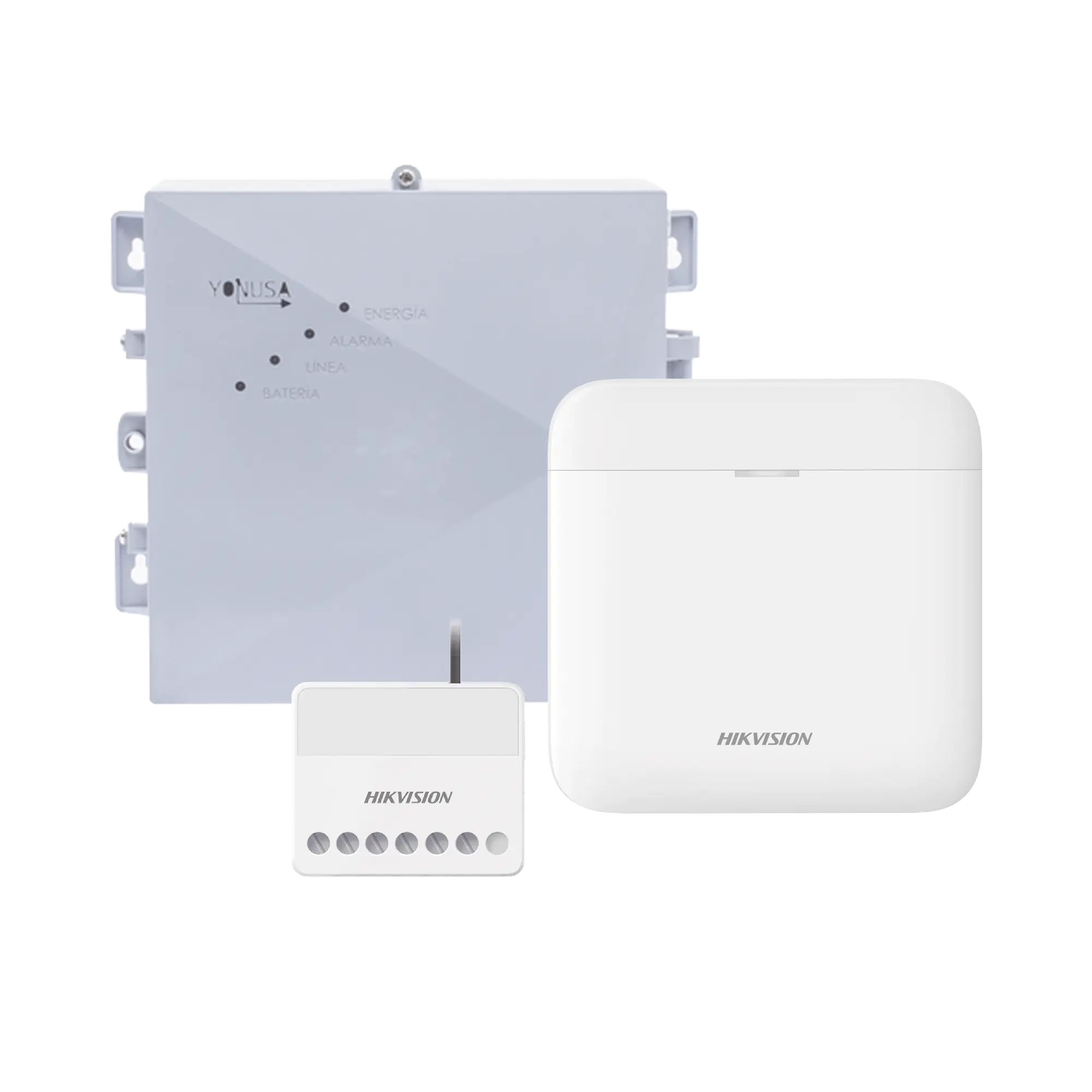 (AX PRO + YONUSA) KIT de Alarma AX PRO / Incluye: 1 Hub con bateria de respaldo / 1 Energizador 2500Mts Lineales / 1 Relevador  0 a 36 Vcc (Max. 5 A) con Entrada de Alarma 27/7