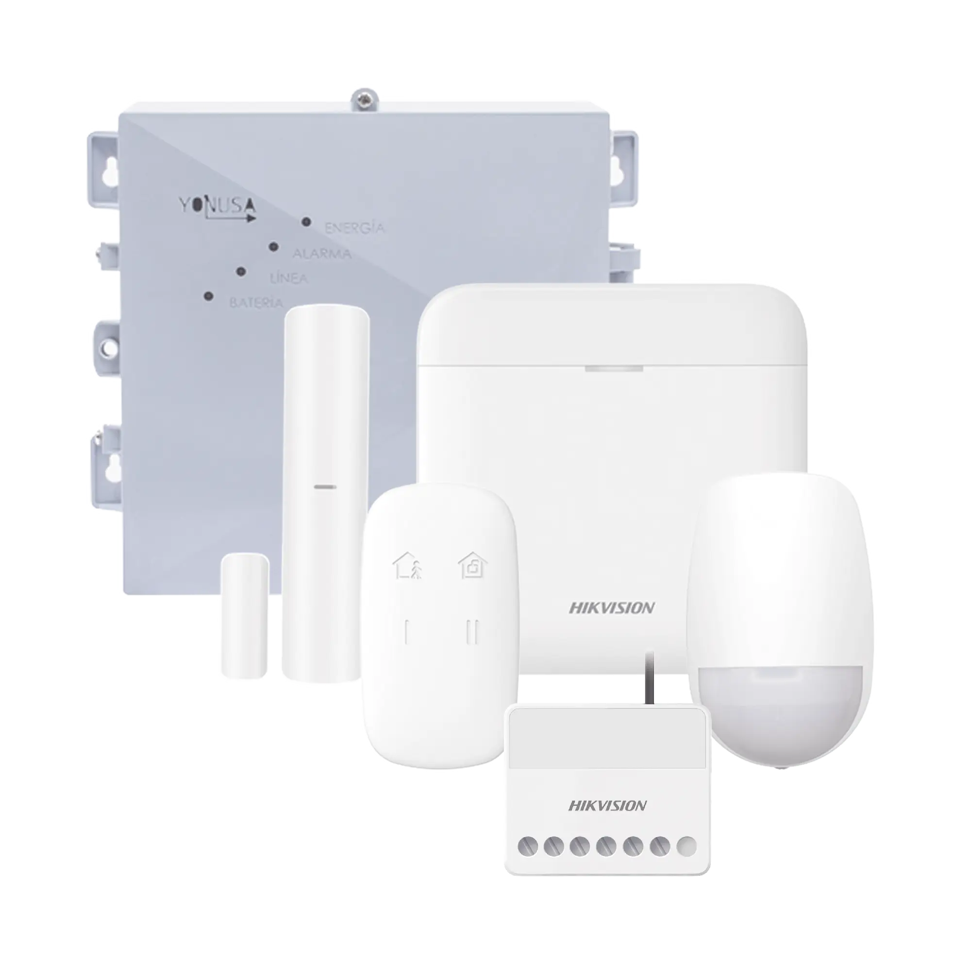 (AX PRO + YONUSA) KIT de Alarma AX PRO / Incluye: 1 Hub con bateria de respaldo / 1 Energizador 2500Mts Lineales / 1 Relevador 0 a 36 Vcc (Max. 5 A) con Entrada de Alarma 27/7 / 1 Keyfob / 1 PIR Interior / 1 Magnético