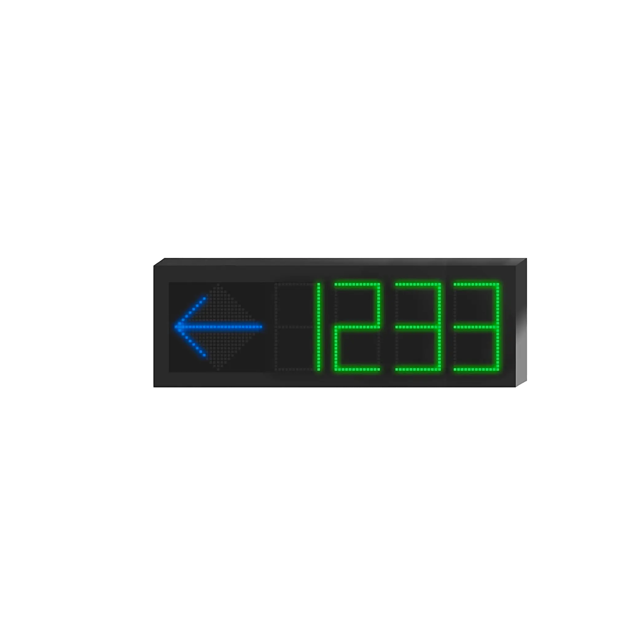 Pantalla de Orientación para Estacionamiento Interior Unidireccional / 4 Dígitos Numéricos / LED 7-8 mm Pitch / 3800 cd/m² de Luminancia / 110° Ángulo de Visión / Comunicación RJ45 RS485 / Iconos Multicol