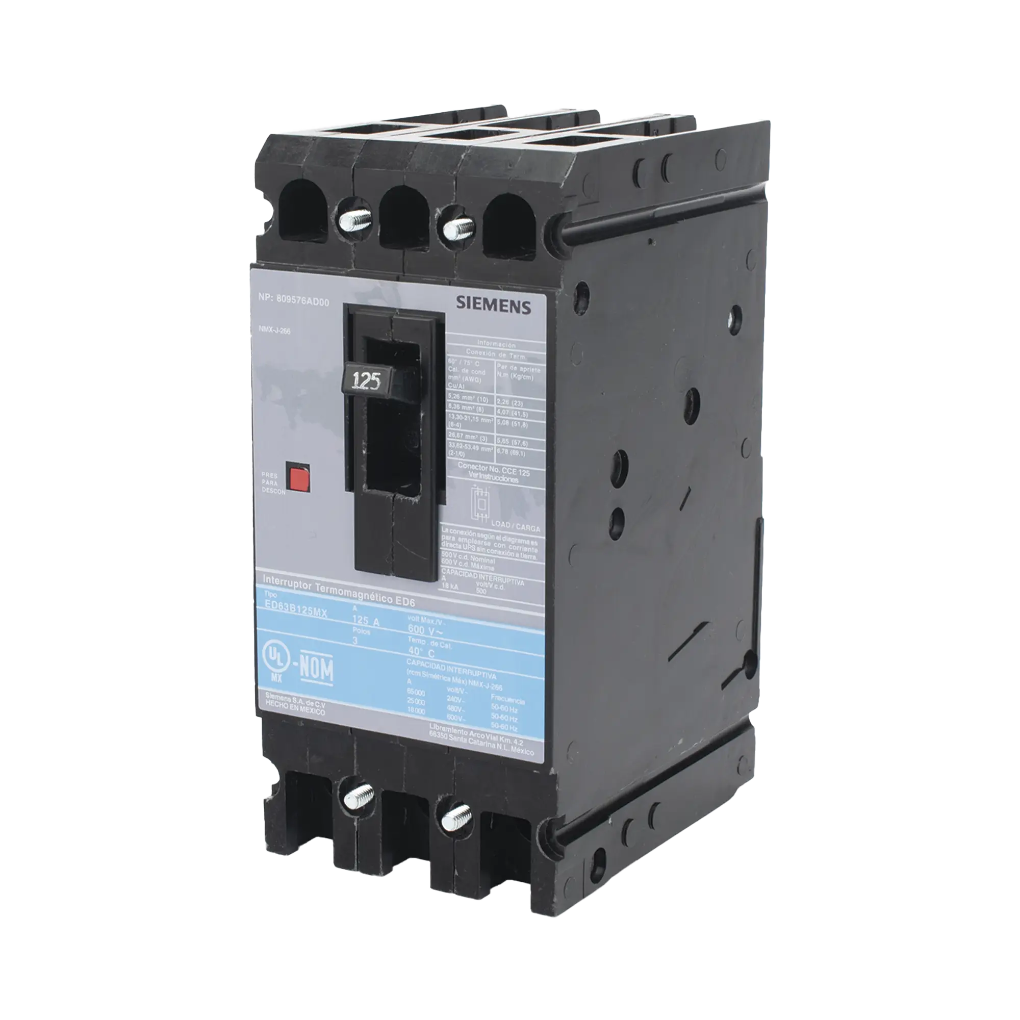 Interruptor Termomagnético ED6 600V 3X125A, Sin zapatas principales.