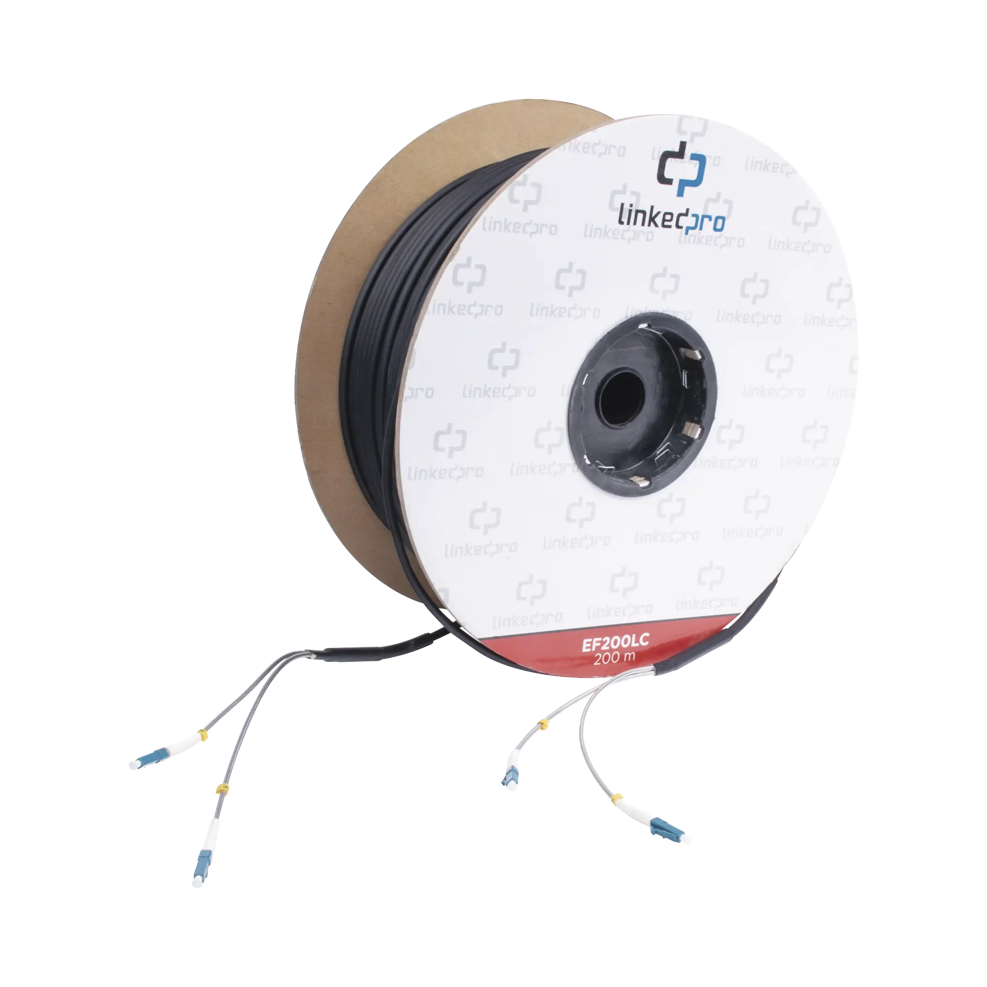 Carrete de Fibra Óptica Monomodo con conectores LC-LC Duplex, Reforzada con Kevlar, de 200 metros, Para instalaciones subterráneas por tubería
