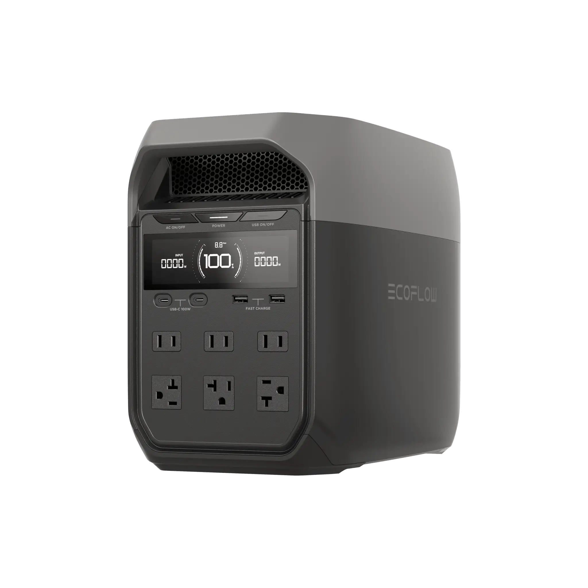 Estación de Energía Portátil Delta 3 1024Wh Litio LFP / 6 AC 1800 W (Max. 2200W) / 2 USB-C 100W / Capacidad para Aumentar Respaldo / Cargador de Coche 10A a 12.6V / Conectividad WiFi y Bluetooth (App) / Carga Solar 500W Max.
