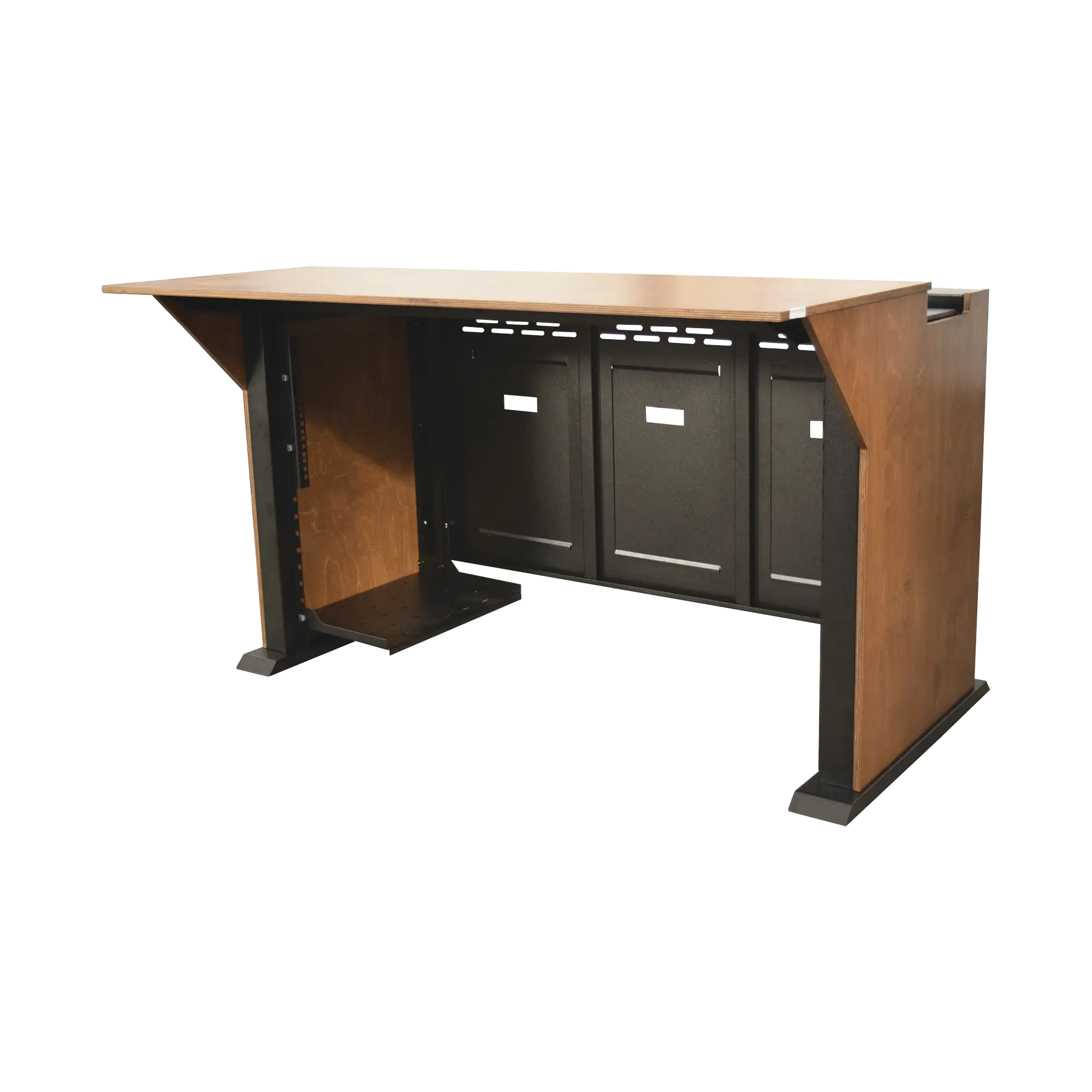 Consola Profesional para Monitoreo | Con Porta PC | Con Tomacorriente | Tapas Removibles | Color Negro y Nogal con Veta | Lamina de Acero Rolado Calibre 18 | Pintura en Polvo Electrostática.