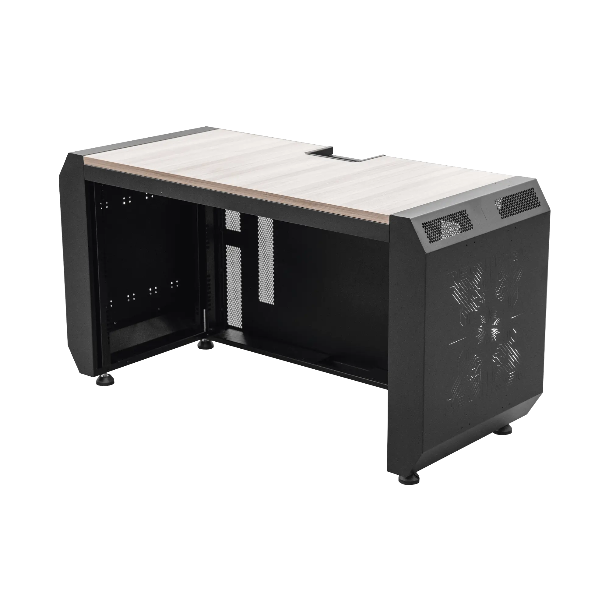 Consola Profesional para Monitoreo o Computo | Ranura para Base de Monitores | Microperforaciones | Luces LED Decorativas | Tomacorriente HTCM1U10C | Tapas Organizadoras de Cables | Niveladores | Rack para Montaje de Equipos | Ranura Pasaca