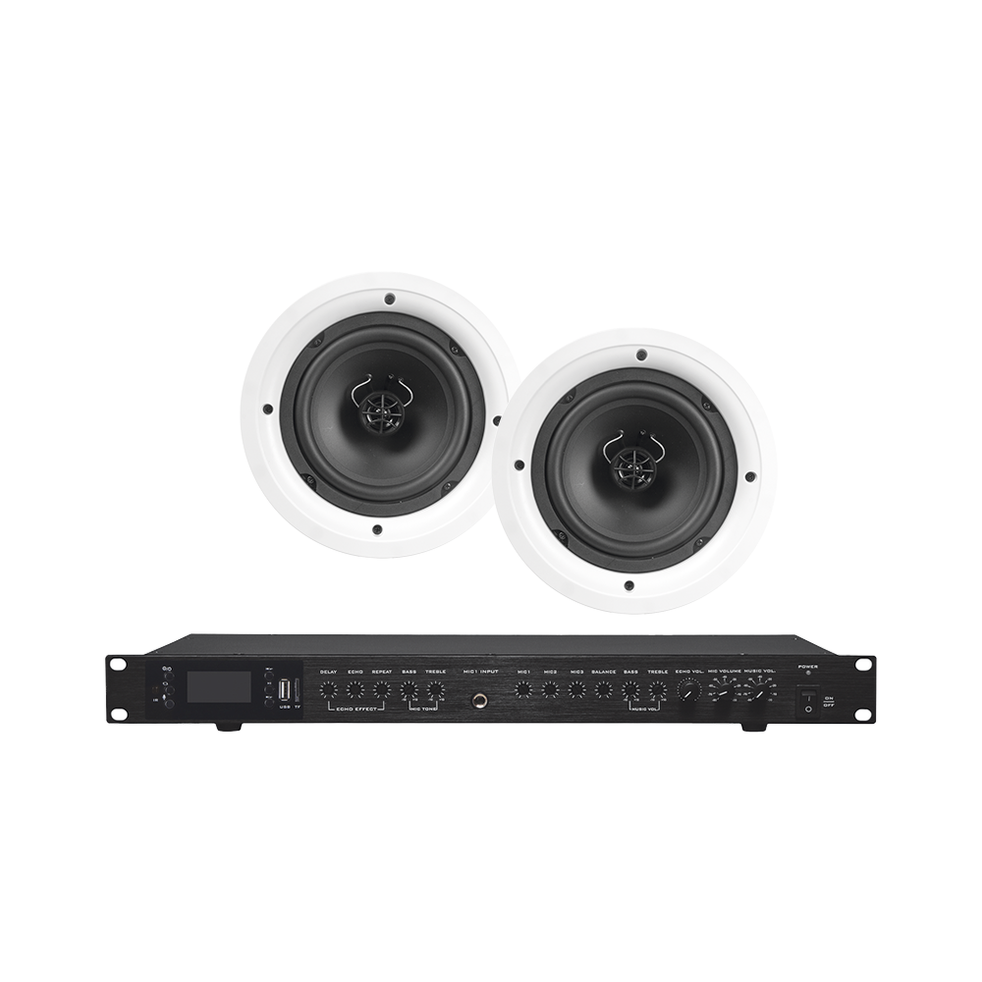 Amplificador de Audio con 2 Bocinas SP6 | 2 x 60W | Baja Impedancia 4 – 8Ω | Reproductor Bluetooth, USB, SD | Efectos Integrados Delay, Echo, Repeat