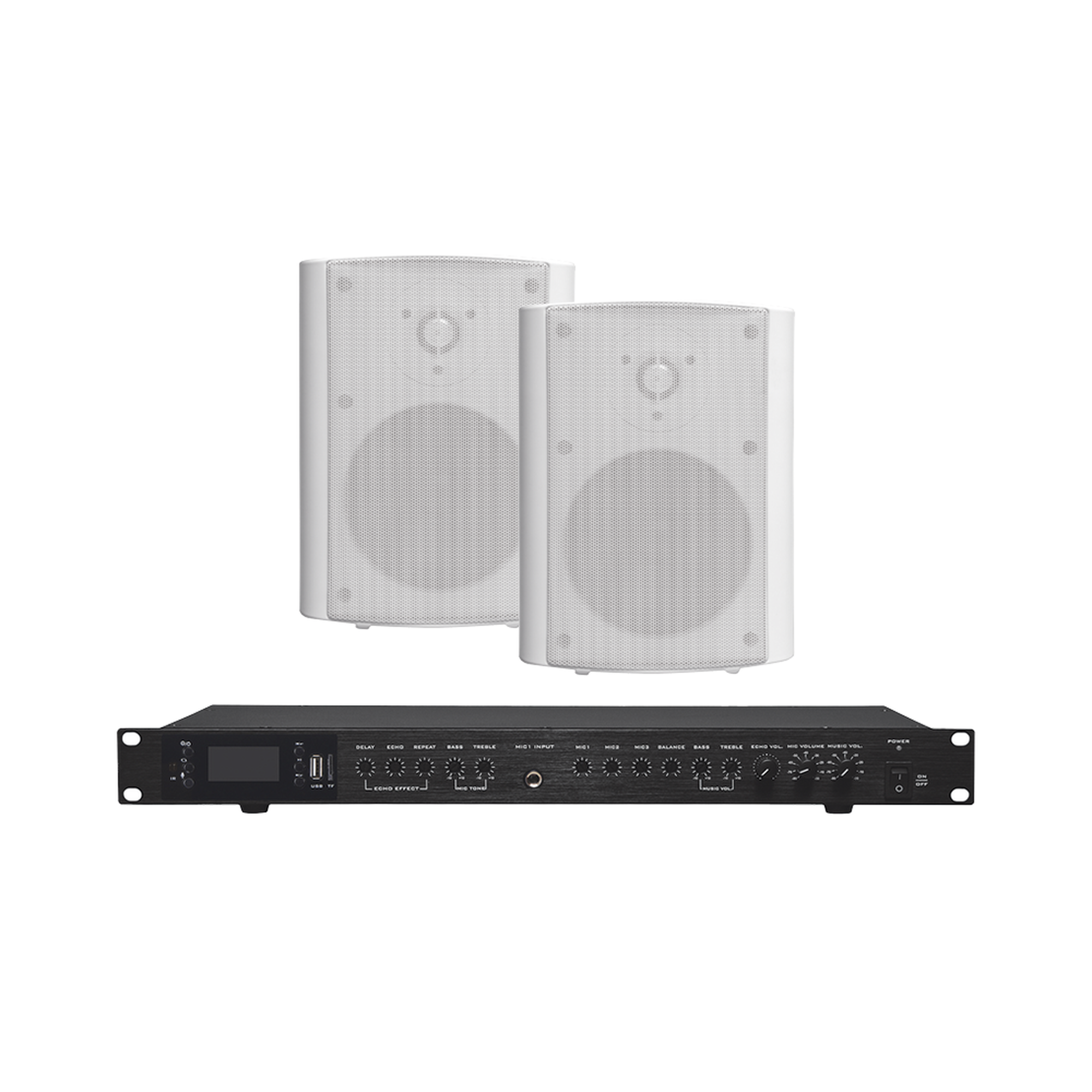 Amplificador de Audio con 2 Bocinas OL-5WT | 2 x 60W | Baja Impedancia 4 – 8Ω | Reproductor Bluetooth, USB, SD | Efectos Integrados Delay, Echo, Repeat