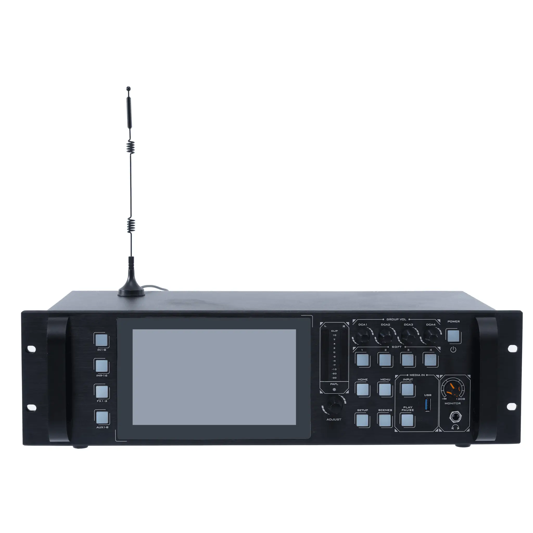 Consola de Mezcla Digital Rack 3U EP-20DM-12 | Pantalla TFT Táctil 7″ 1024×600 | 12 Entradas XLR Micrófono + 2 Stereo Line | 8 Salidas AUX + Main L/R | Procesador DSP 32-bit | Bluetooth 4.2 + WiFi | USB Recording WAV/FLAC/MP3 | Ef