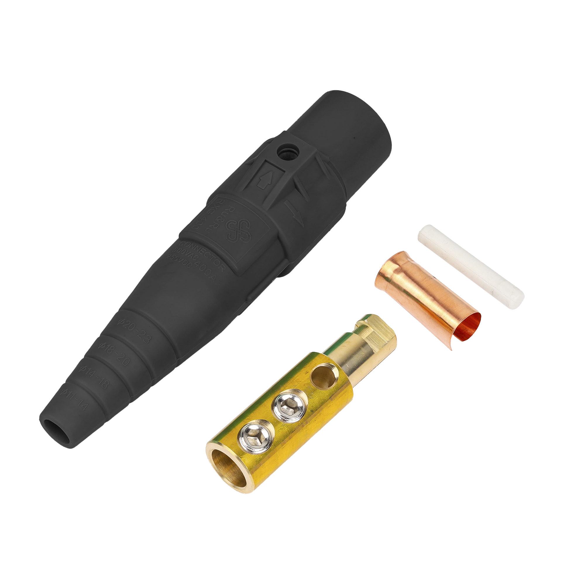 Conector Camlock Macho / 400 Amperes / AC 600V / Sección Cable 50-95 mm² / Abrazadera Compresión / Plástico Ingeniería / Varios Colores